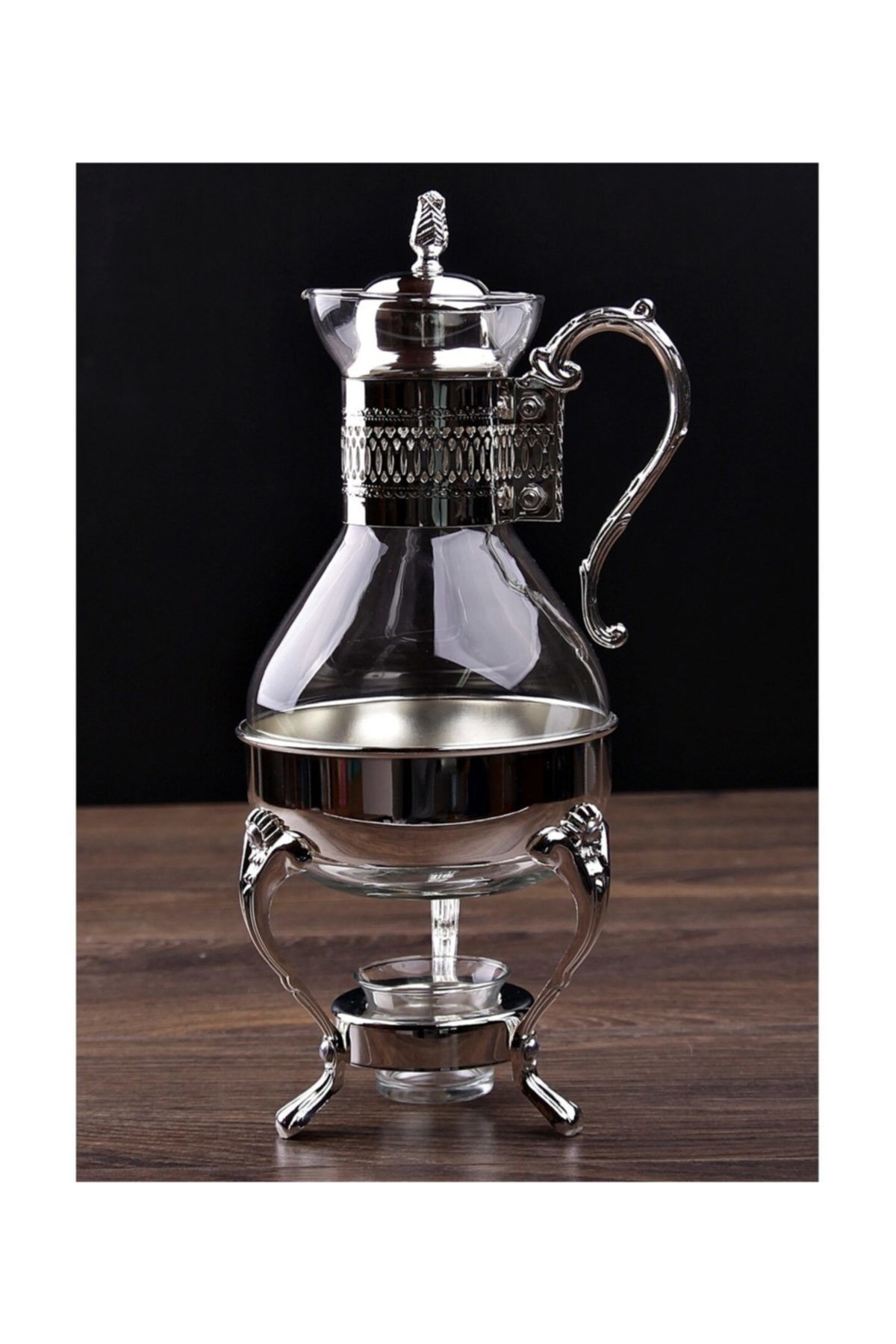 panayır Cam Metal Gümüş Işlemeli Cam Çaydanlık Semaver El Yapımı Işlemeli Alttan Mumlu Isıtıcılı Fondü