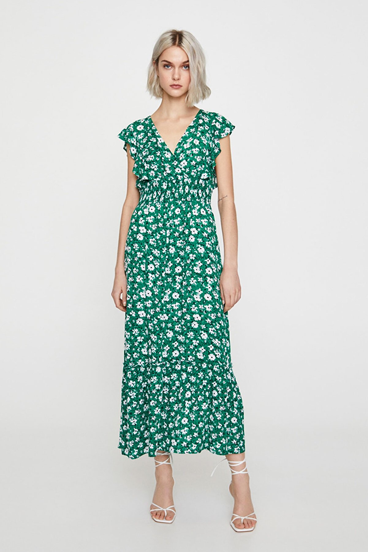 Pull & Bear Büzgülü Yeşil Çiçek Desenli Elbise