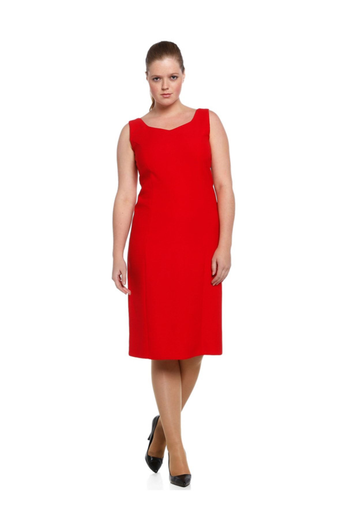 Nidya Moda Kadın Kırmızı Dalga Yaka Abiye Elbise 4065KK