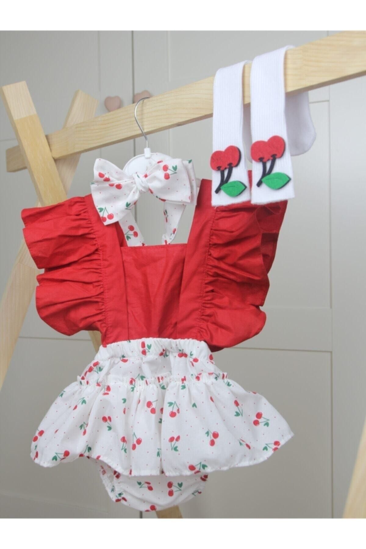 BabyPuff Kız Çocuk Kırmızı Kiraz Desenli Salopet Bandana Kiraz Çorap Set