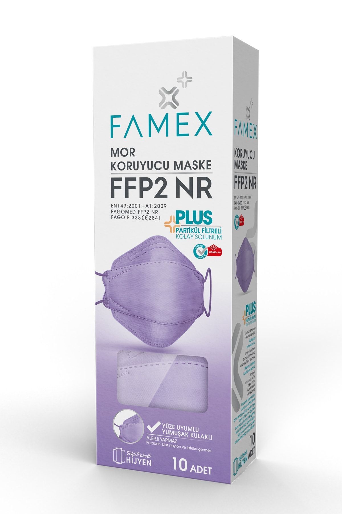 FAMEX N95 Ffp2 Koruyucu Maske Mor Renk 10 Adet Tekli Paket Fish Modeli