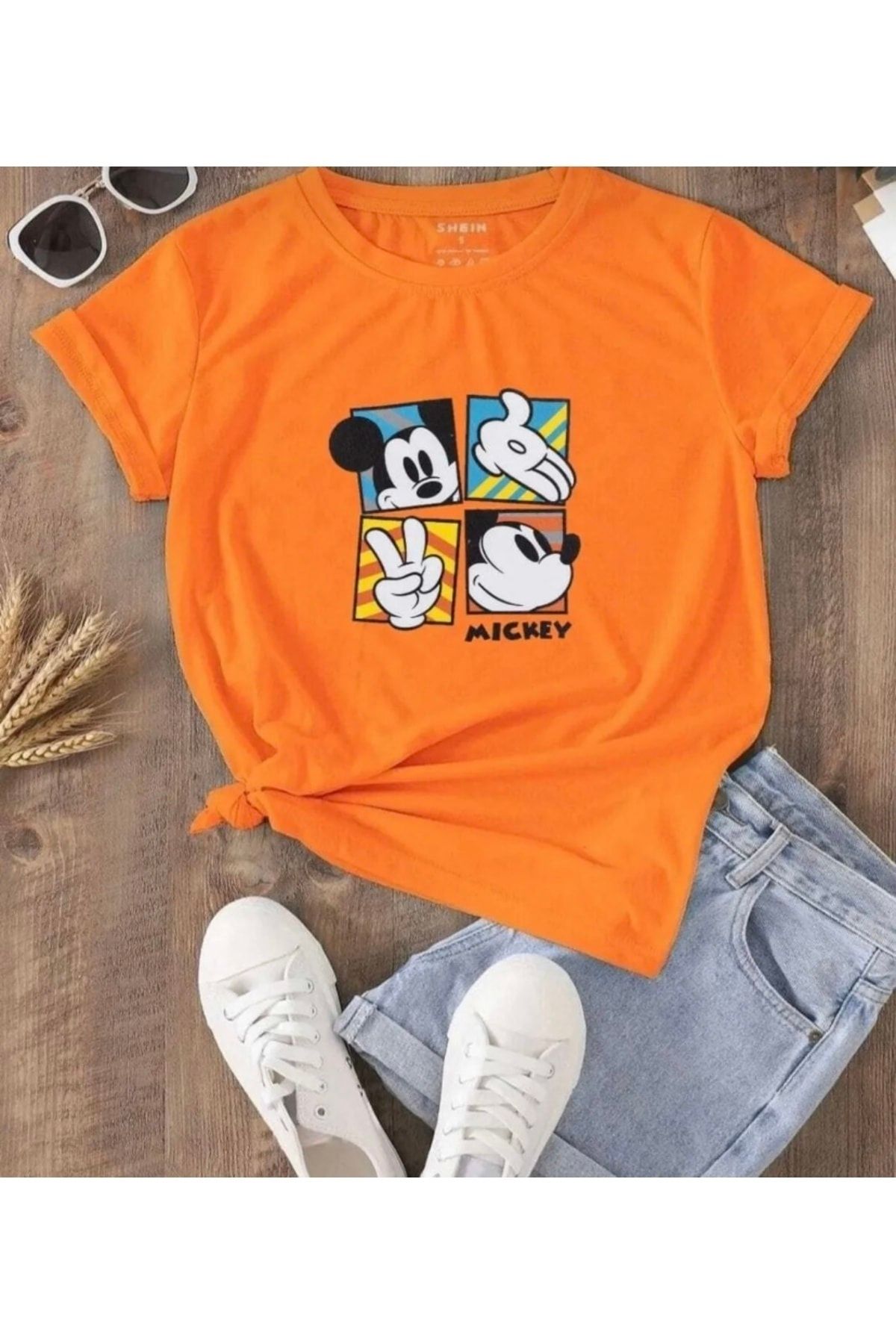 SANTAMİNA Unisex Turuncu Sevimli Mickey Mouse Baskılı Bisiklet Yaka Pamuklu Oversize T-shirt
