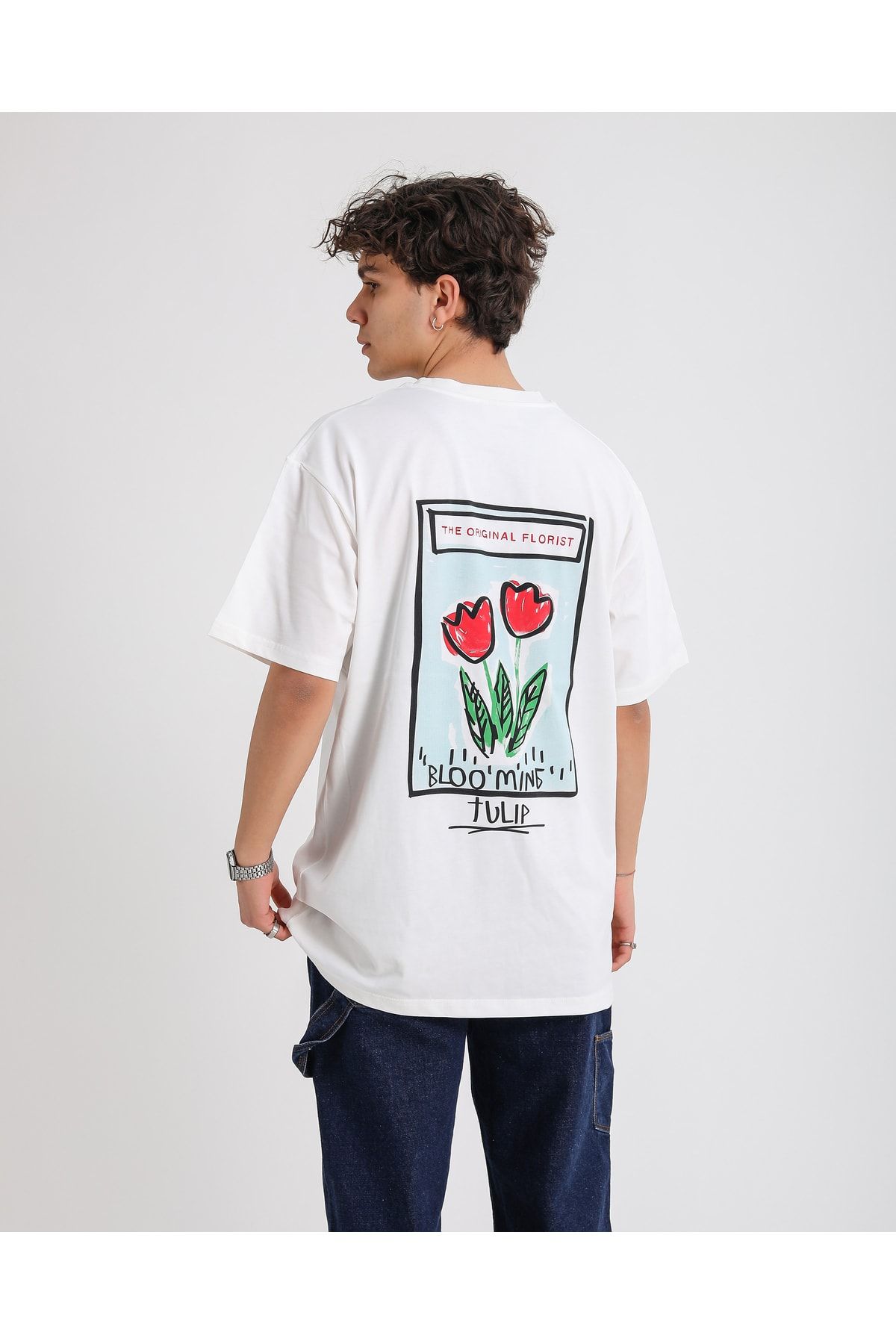 Renkli Store BSC Oversize Blooming Tulip Ön Arka Baskılı Unisex T-Shirt - Beyaz