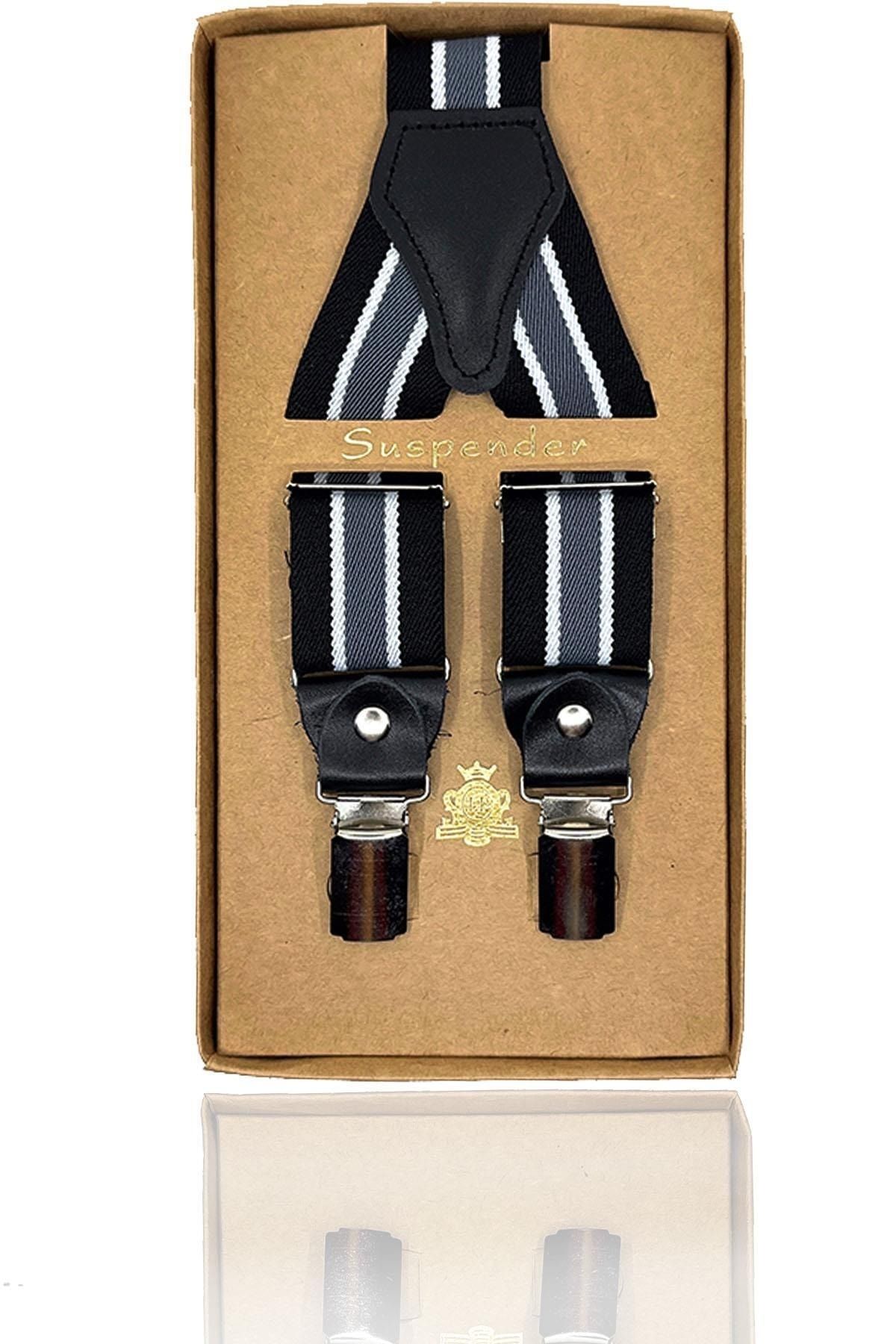 Kravatkolik Siyah - Gri Renk Deri Bağlantılı Erkek Pantolon Askısı Pan255