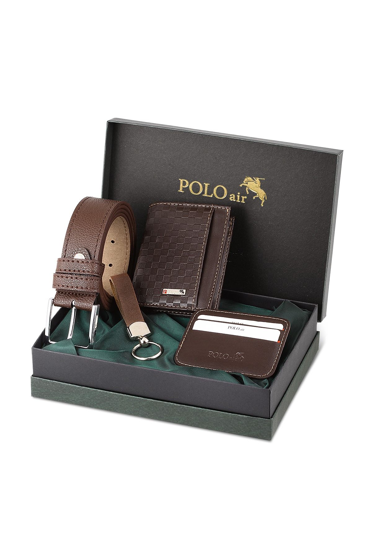 polo air Dama Desen Cüzdan Kendinden Kartlık Kemer Anahtarlık Kombin Kahverengi Set