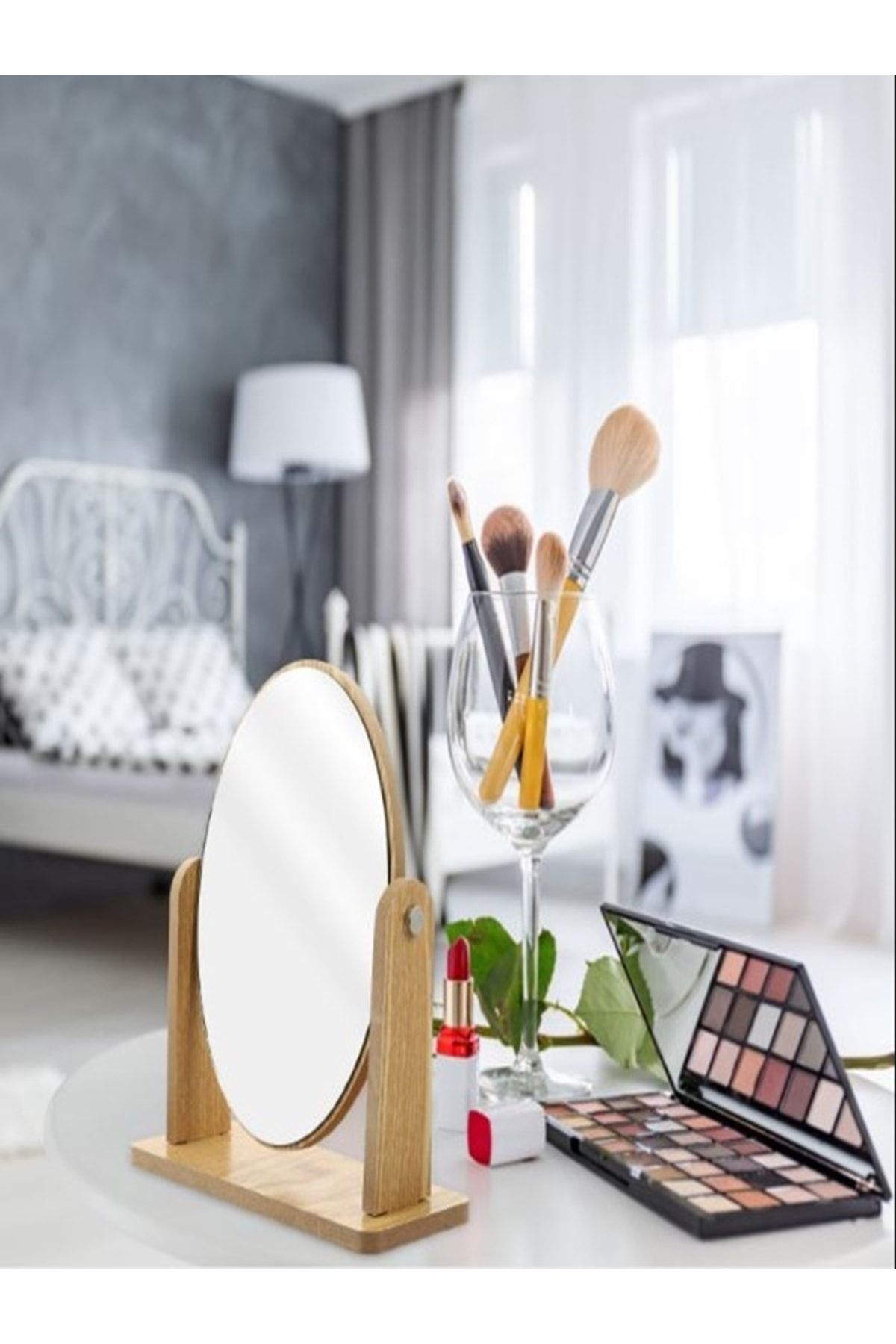 gaman Özel Mdf Kaplamalı Masaüstü 360° Dönebilme Özellikli Oval Ahşap Makyaj Cilt Bakımı Tıraş Aynası