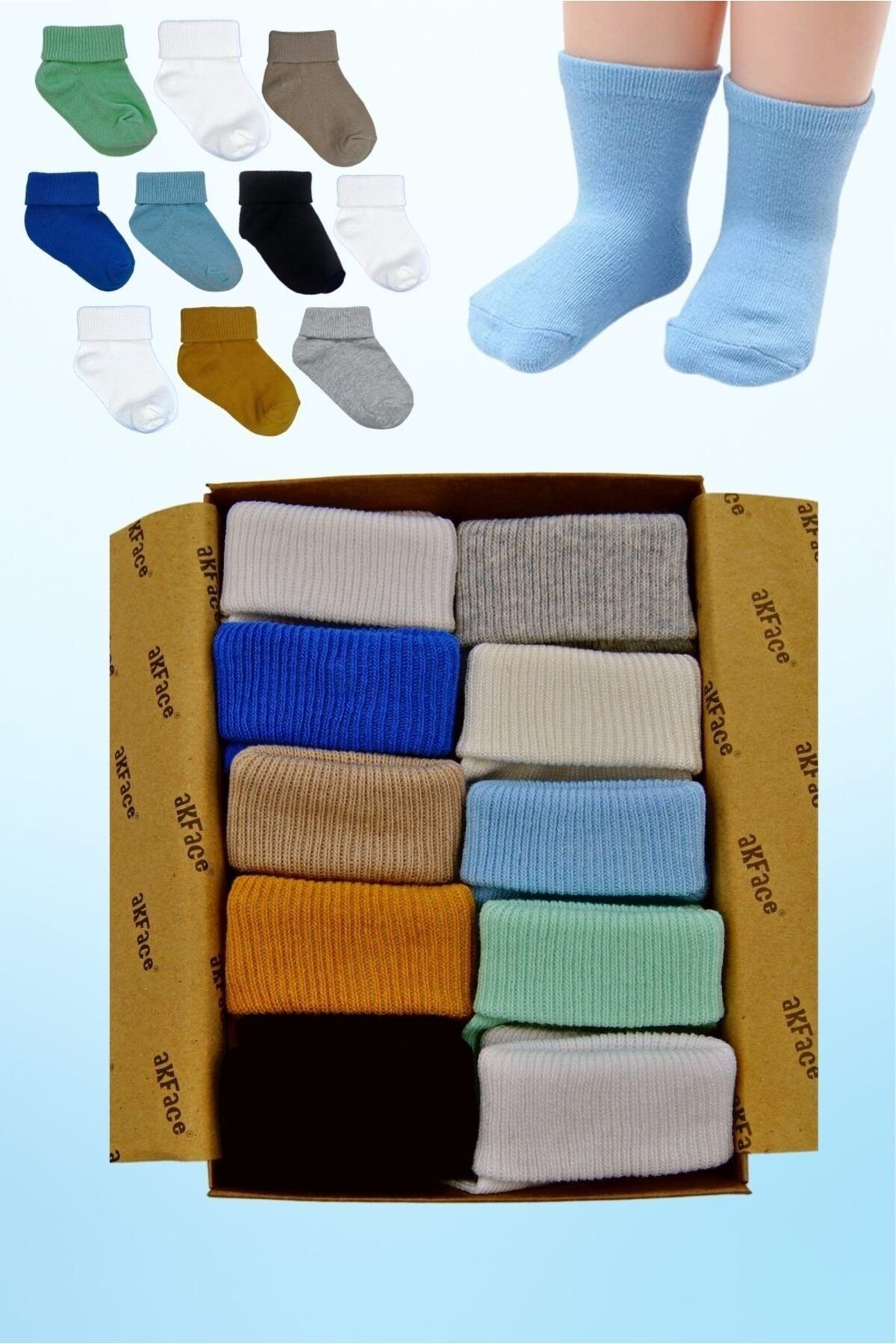 Akface Organik 10lu Premium Renkler Kutulu Erkek Yeni Doğan Bebek Çorabı 0-6 Ay
