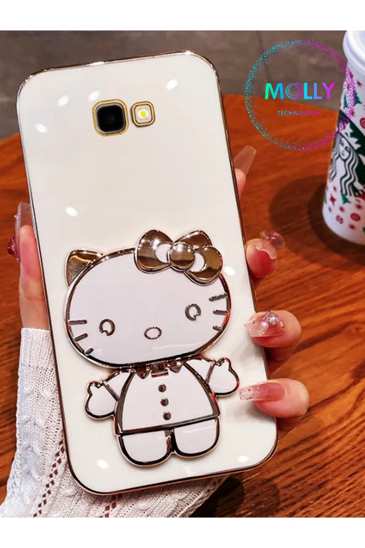Molly Technology Samsung Galaxy J7 Prime Için Inci Beyazı Hello Kitty Standlı Gold Detaylı Lüks Silikon Kılıf