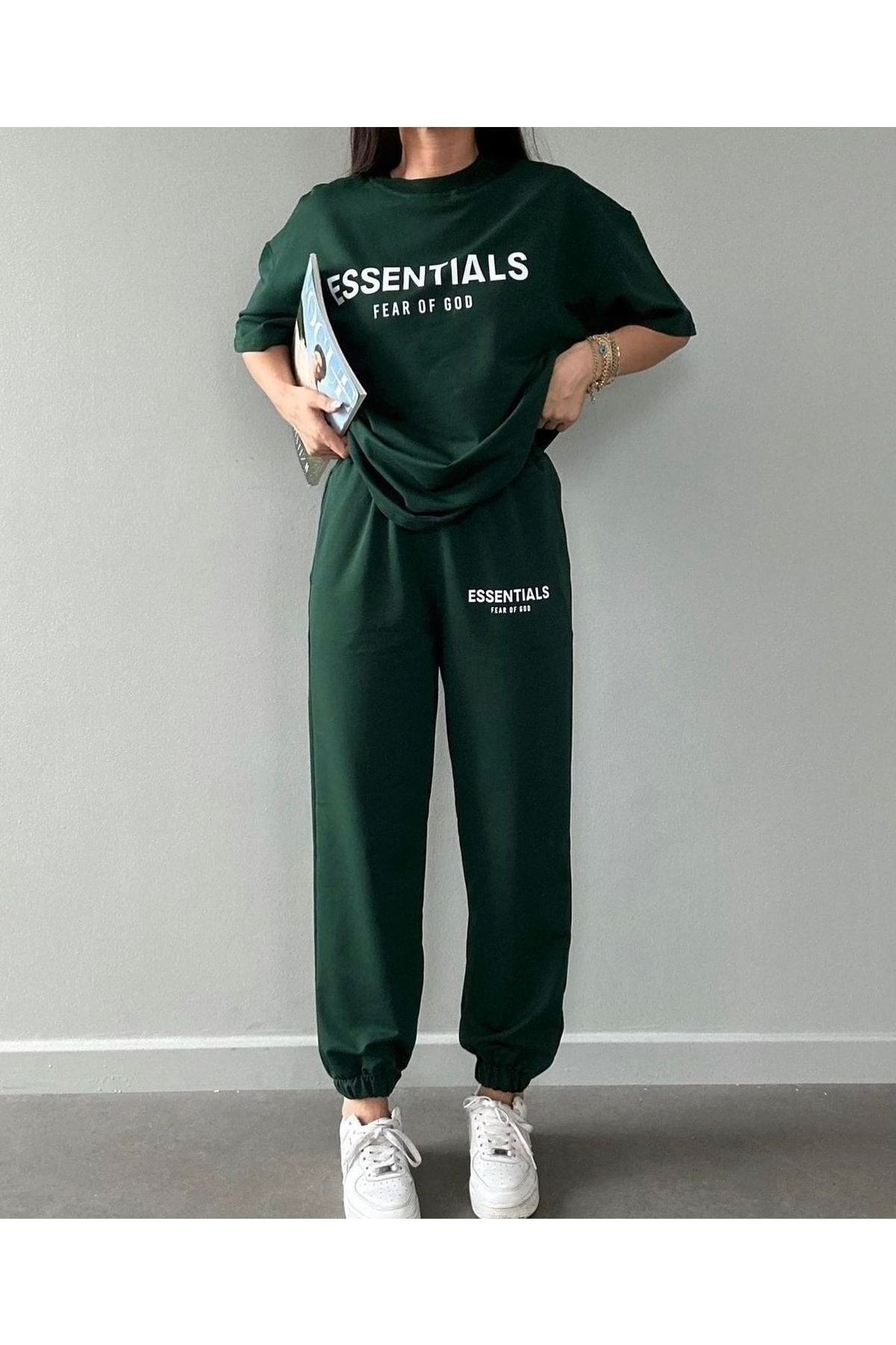 MODARİCH Essentials Eşofman Altı Ve T-Shirt -Yeşil Jogger Tişört Alt Üst Eşofman Takım Oversize Bisiklet Yaka