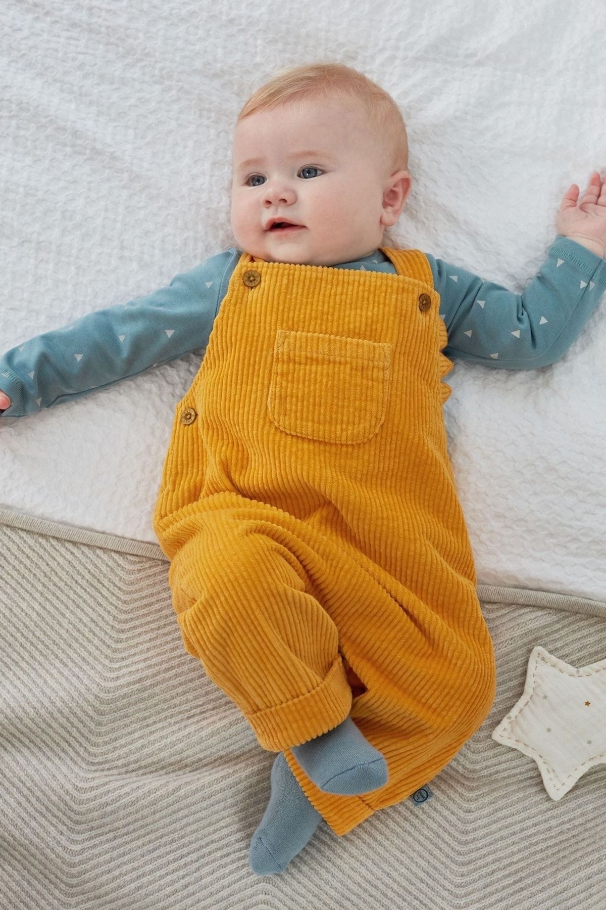 Next Baby % 100 Pamuklu Ochre Yellow Kadife Salopet Body Zıbın Set