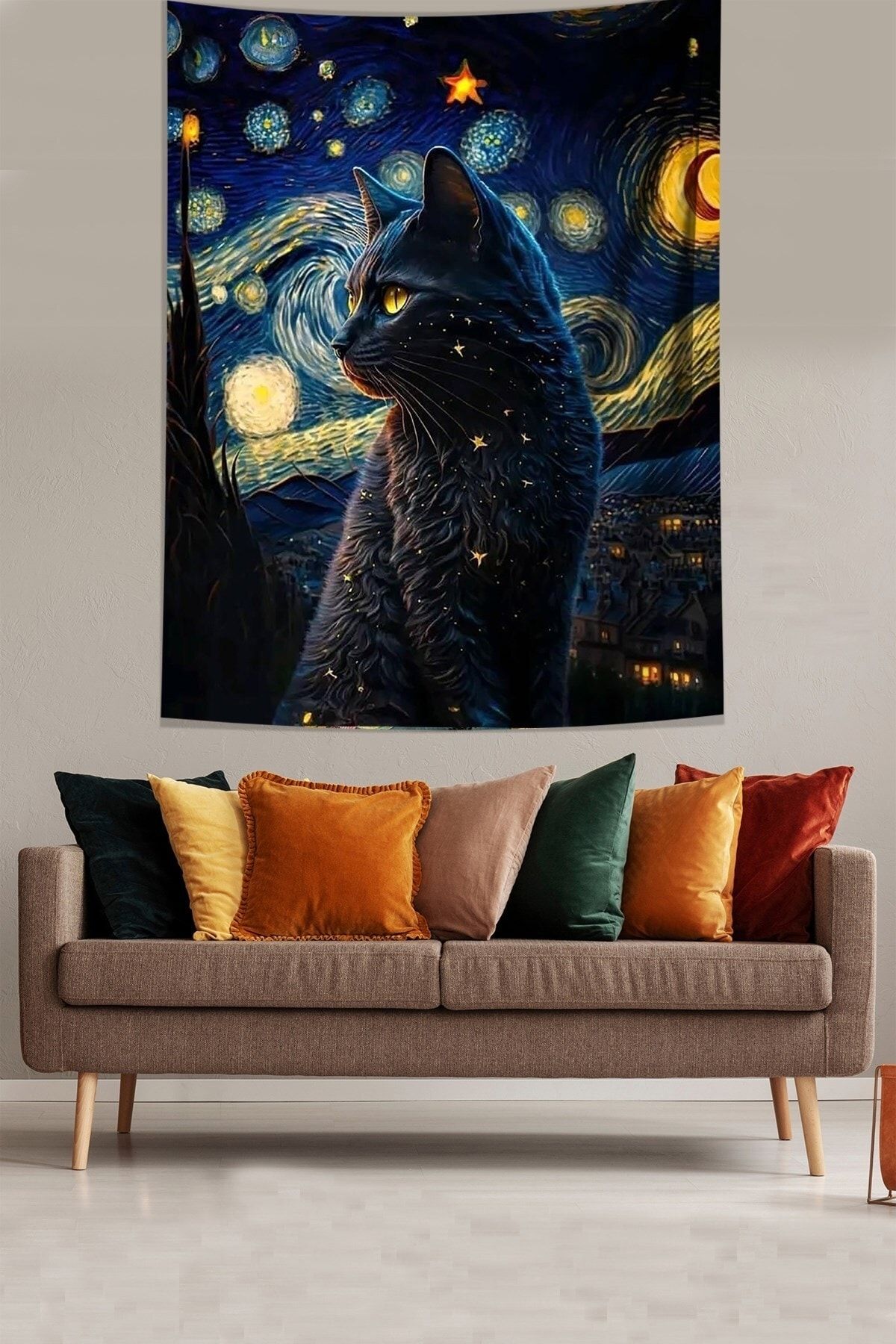 on the clouds Yıldızlı Geceler Ve Sevimli Kedi Leke Tutmaz Kumaş Duvar Örtüsü Duvar Halısı Tapestry