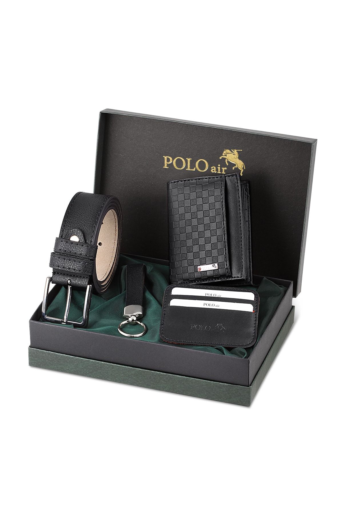 polo air Dama Desen Cüzdan Kendinden Kartlık Kemer Anahtarlık Kombin Siyah Set
