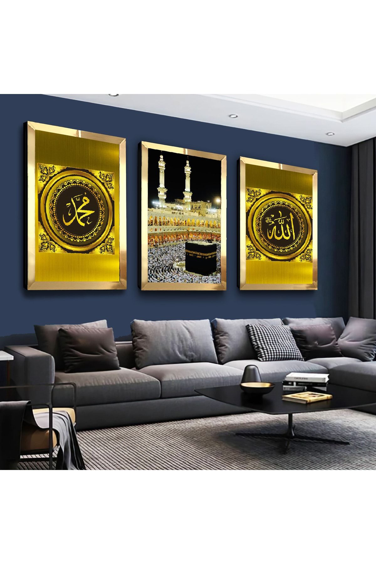 Zevahir Mobilya Dekorasyon Kabe Ve Allah Muhammed Lafzı Dini Gold Pleksi Kenar 3'lü Mdf Tablo Seti