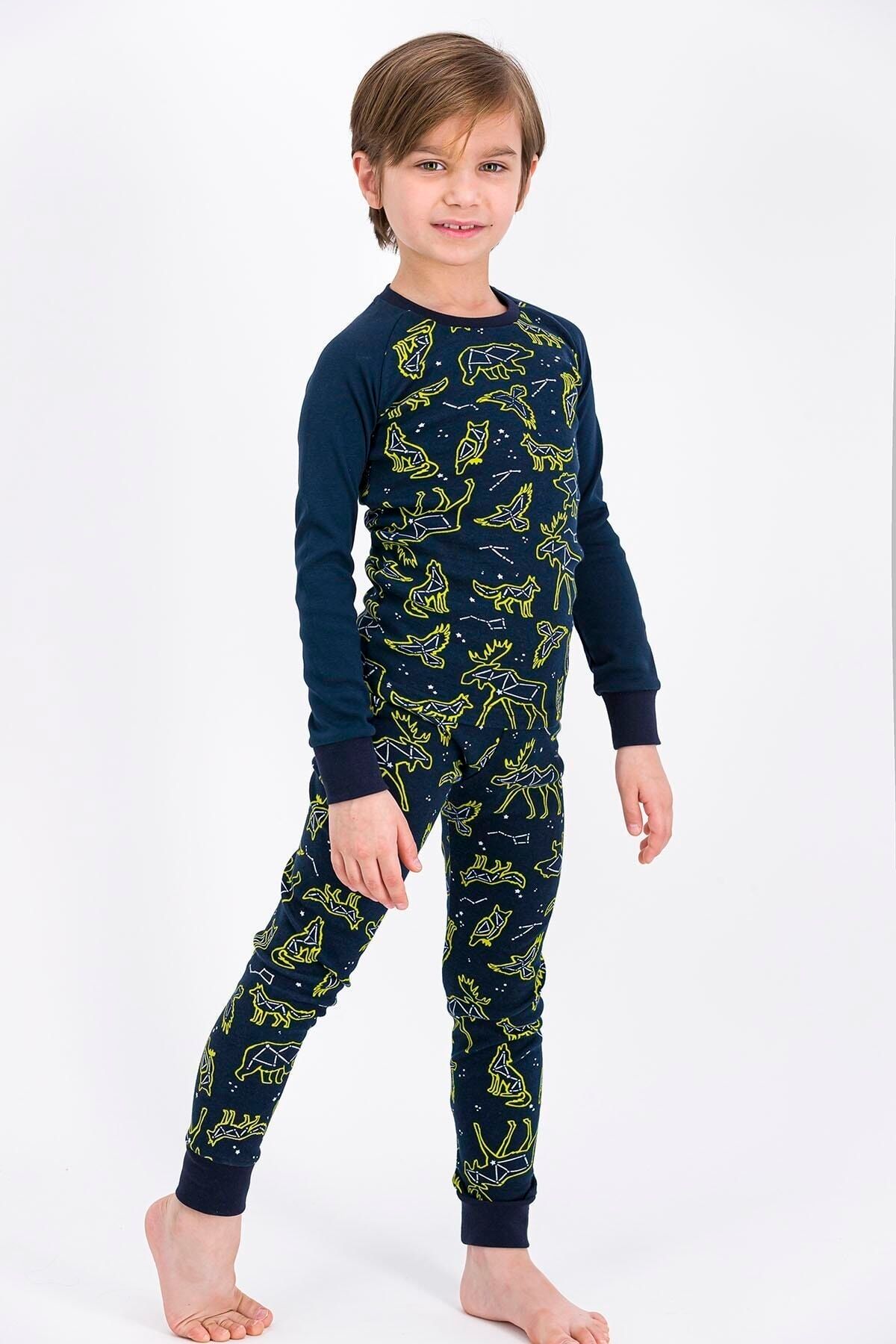 Rolypoly Erkek Çocuk %100 Pamuk&cotton Kışlık Lacivert Renk Animals Skeleton Pijama Takımı