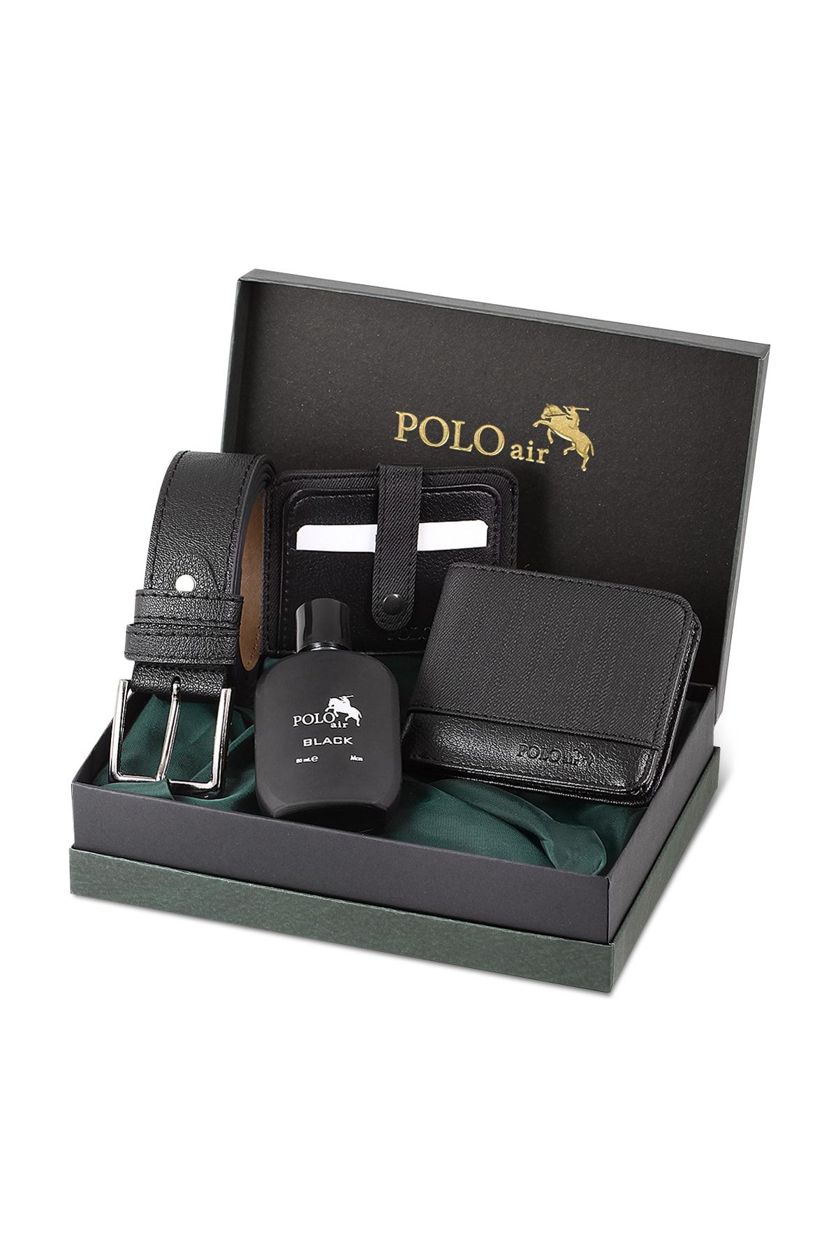 polo air Kutulu Spor Erkek Cüzdan Kemer Kartlık Parfüm Seti Siyah Renk
