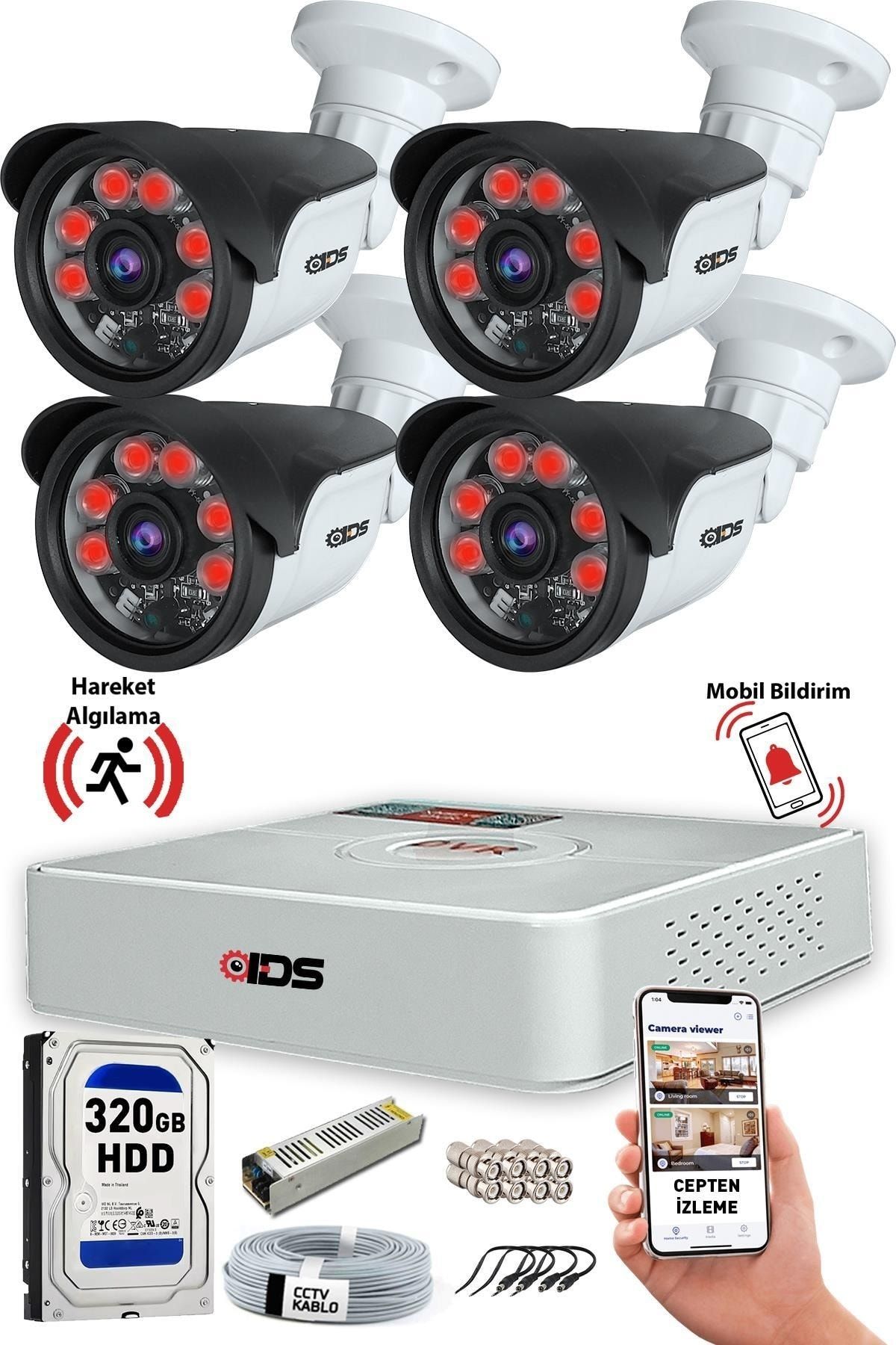IDS 4 Kameralı 1080p Fullhd 5mp Sony Lensli Gece Görüşlü Güvenlik Kamerası Seti - A1522