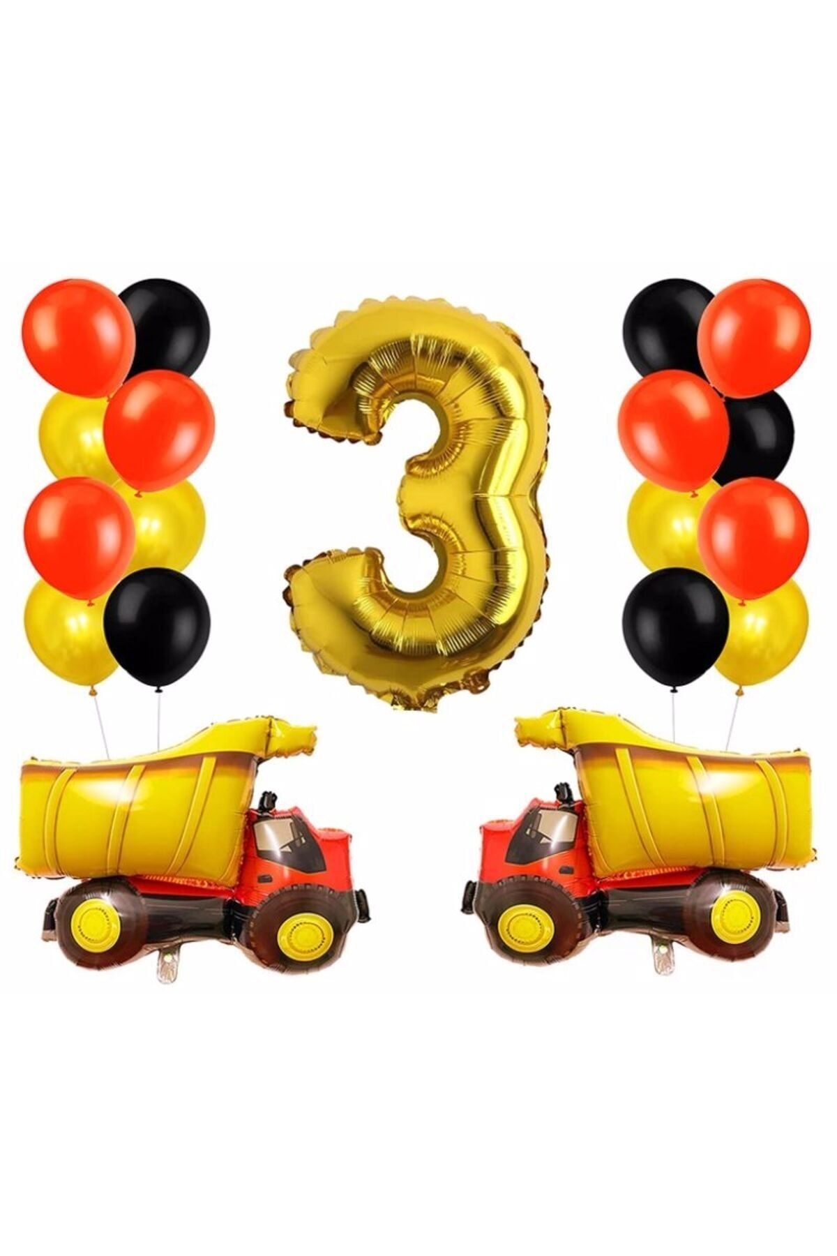 Parti Station Kamyon 3 Yaş Inşaat Balon Set Yıldız Balon Folyo Set Konsept Doğum Günü Set Yaş Balon Set