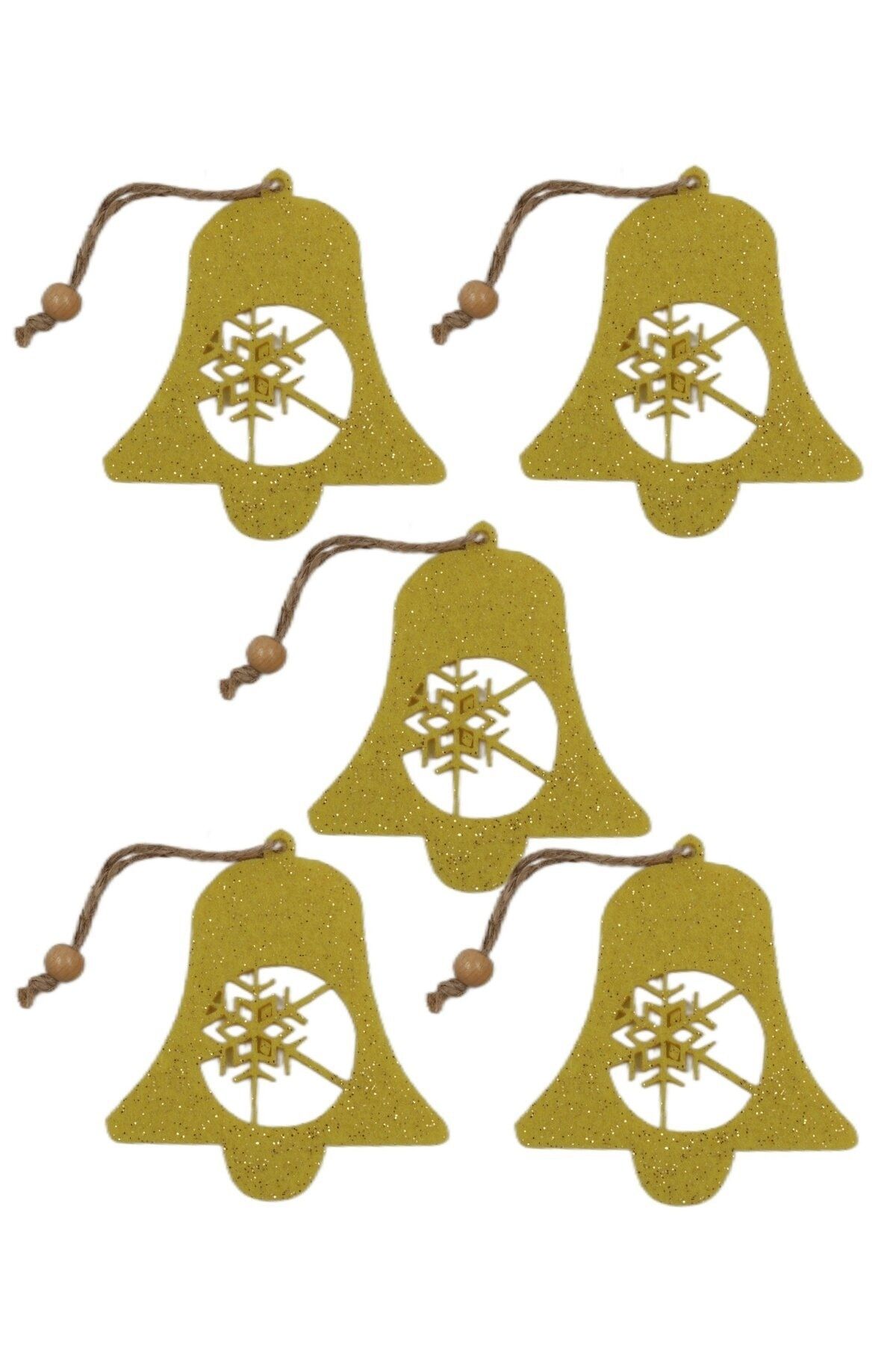 roco paper Yılbaşı Ağacı Süsleme Seti - Simli Keçe Hediye Paketi Süsleme - 5 Adet 9.5x8.5 cm ÇKT001 Sarı Renk