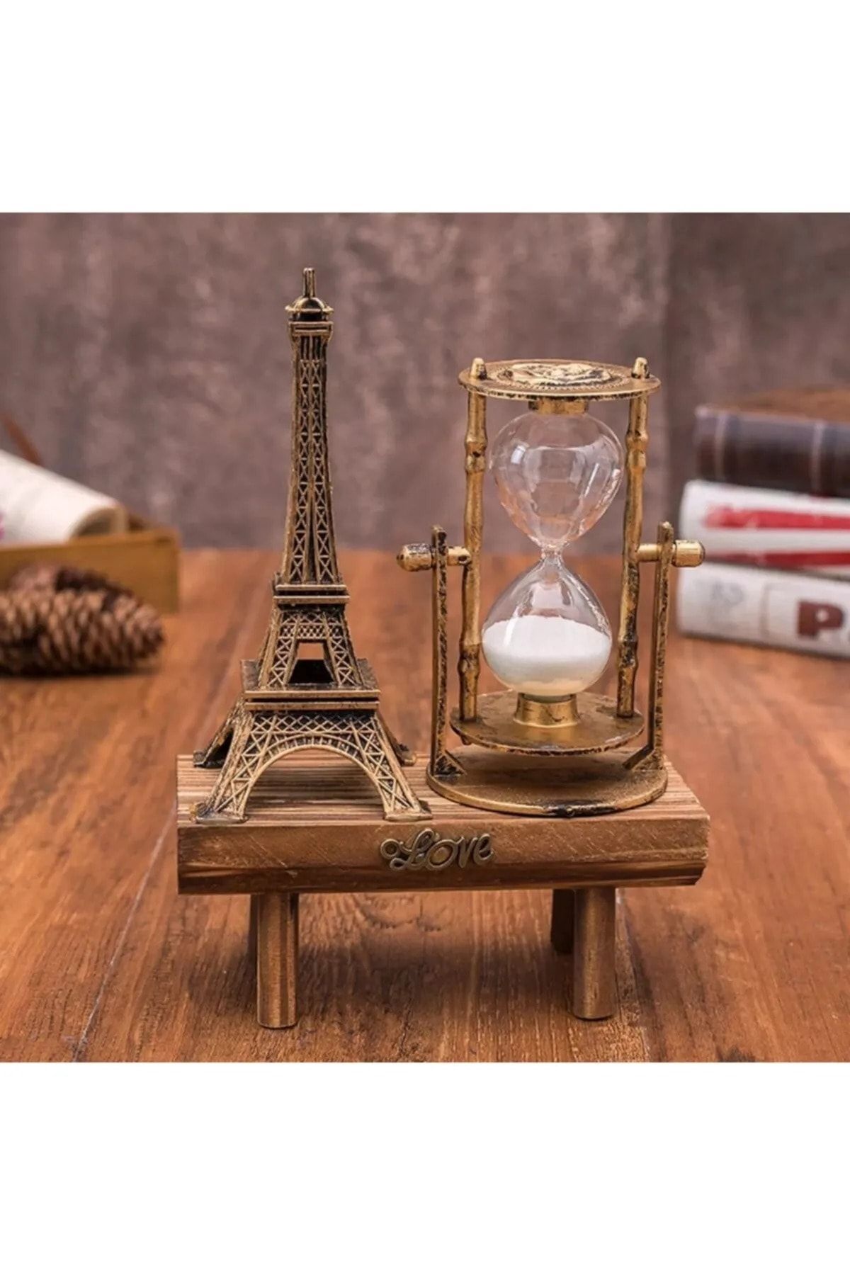 Genel Markalar Eyfel Kulesi Paris Kum Saati Nostaljik Dekoratif Hediyelik Eiffel Retro Kum Saat Biblo Ahşap Standlı