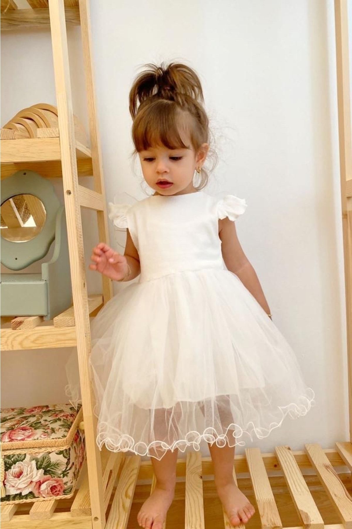 penu baby kids Beyaz Kanatlı Tül Etekli Elbise-kelebek
