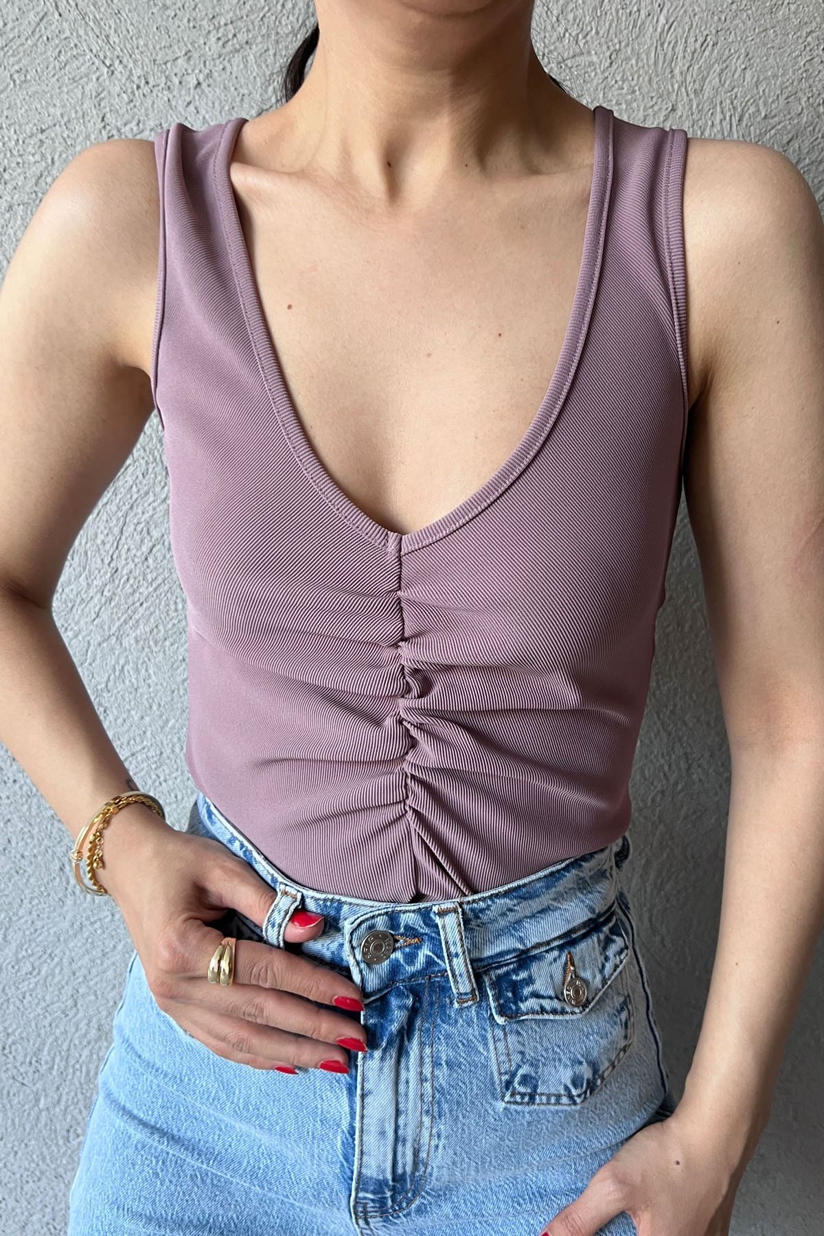 Seda Yalçın Atelier Gül Kurusu Önü Büzgülü Bodysuit