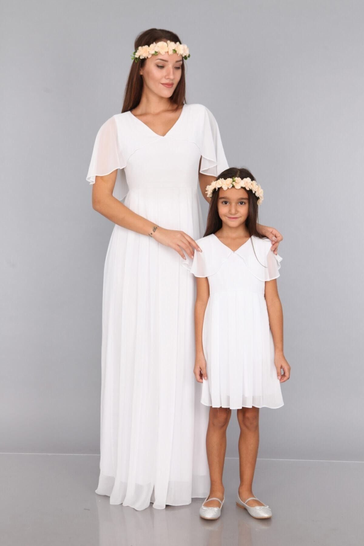 MODA LABİO Kadın Melek Kol Anne Kız Çocuk Beyaz Elbise