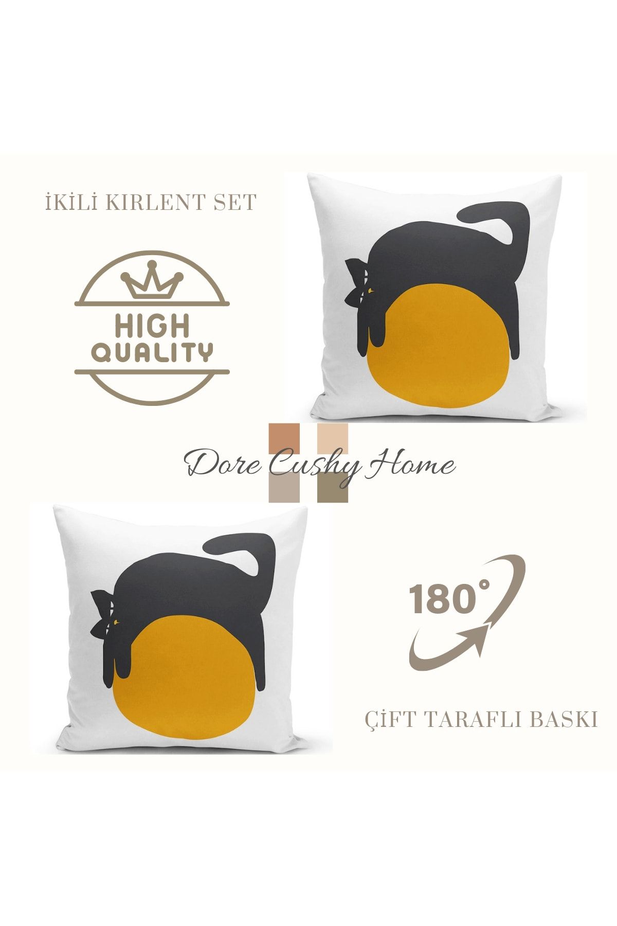 DORE Ikili Sevimli Kedi Desenli Premium Kalite Çift Taraflı Baskılı Dekoratif Yastık Kırlent Kılıfı