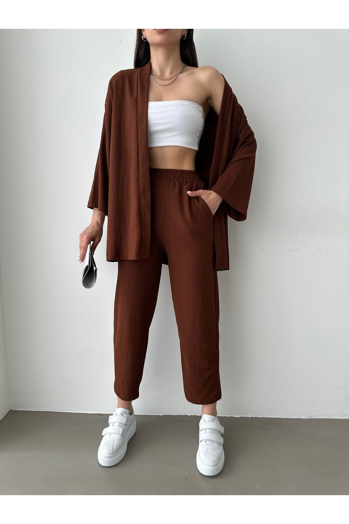 BEJNA Kadın Kahverengi Kimono Pantolon Örme Takımı