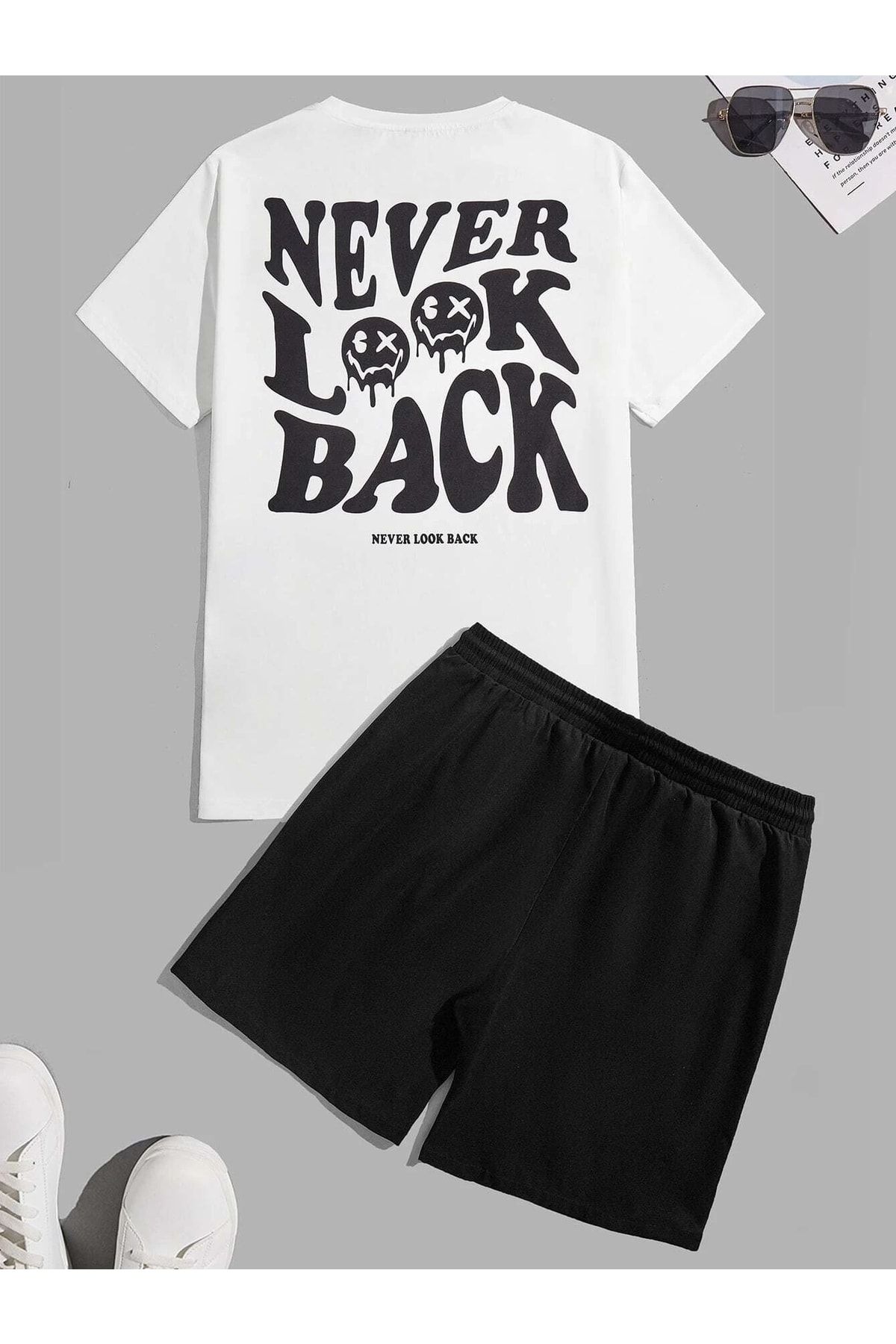 DUBU BUTİK Never Look Back T-shirt Şort - Beyaz Siyah Alt Üst Takım Şort Tişört Kombin Baskılı Bisiklet Yaka