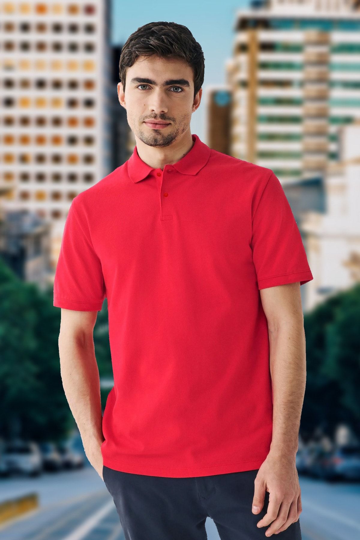 BESSA Erkek Kırmızı Regular Fit Cepsiz Pamuklu Polo Yaka Düz Tişört