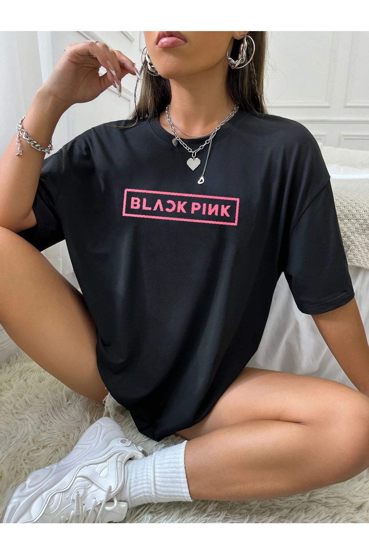 MODARİCH Blackpink T-shirt - Siyah Baskılı Oversize Bisiklet Yaka Baskılı Kısa Kol