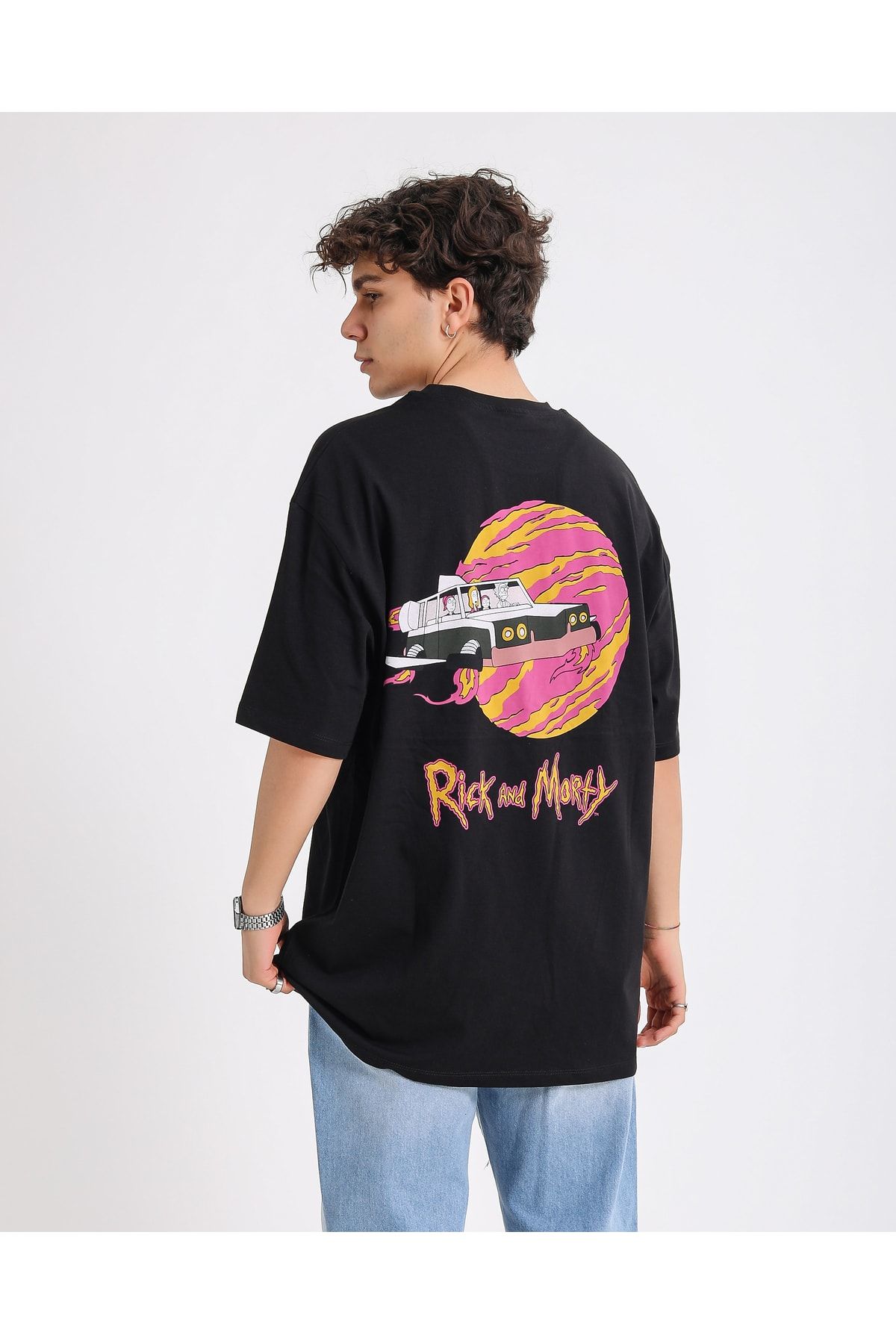 Renkli Store Bsc Oversize Rick And Morty Space Car Ön Arka Baskılı Unisex T-shirt - Siyah