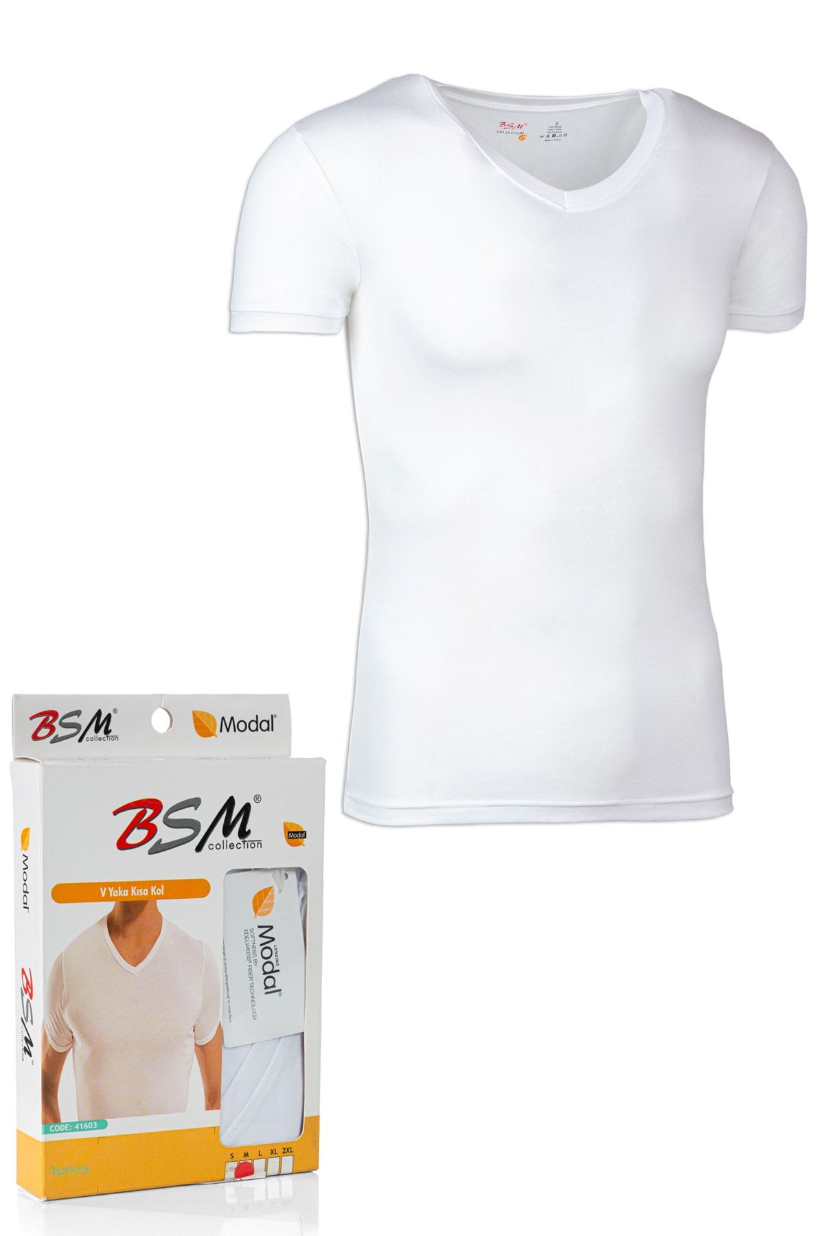 BSM Erkek V Yaka Modal Pamuklu Beyaz Body T-shirt