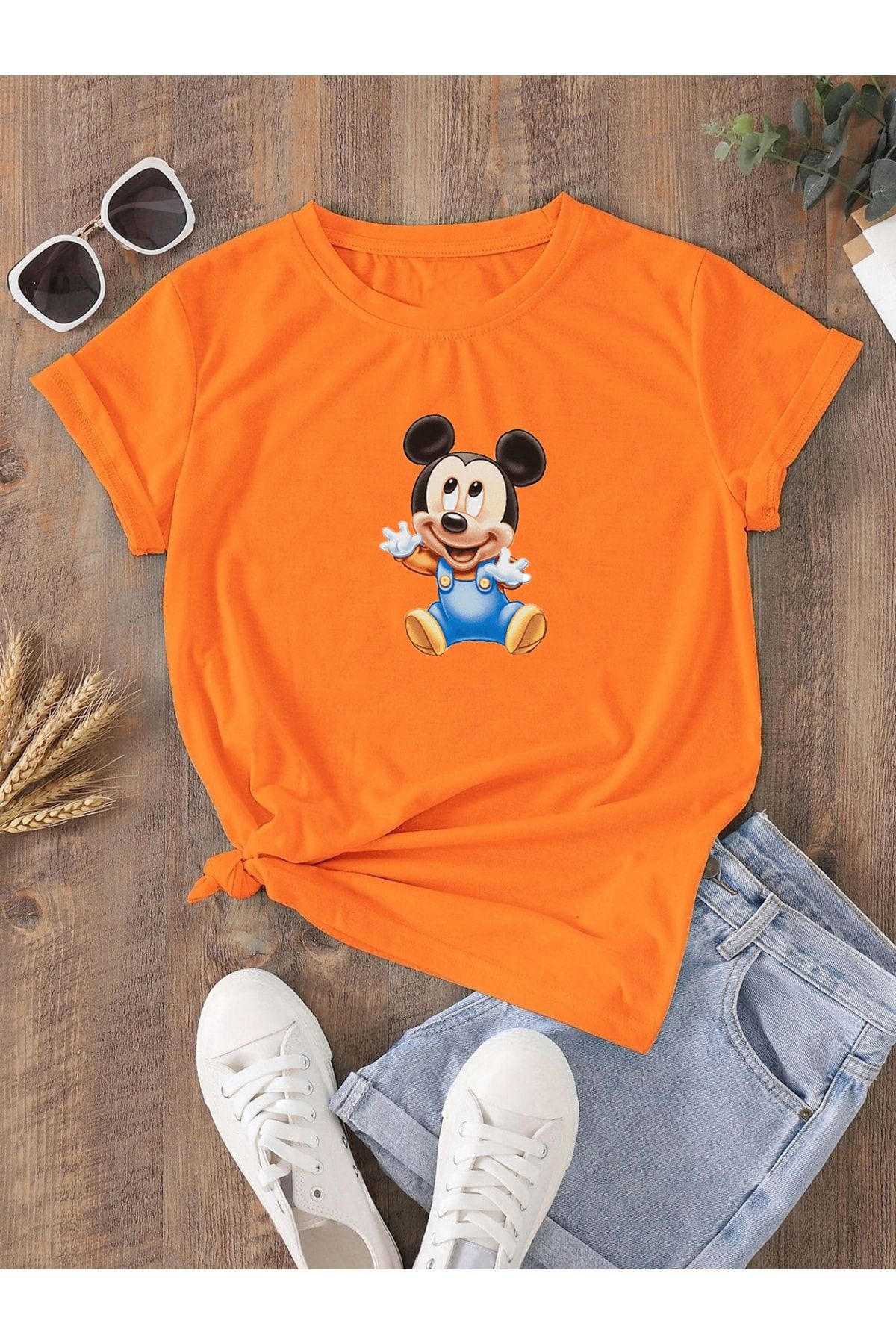 DUBU BUTİK Hamile Gebe T-shirt Bebek Mickey Mouse Baskılı - Turuncu Bisiklet Yaka Oversize Tişört
