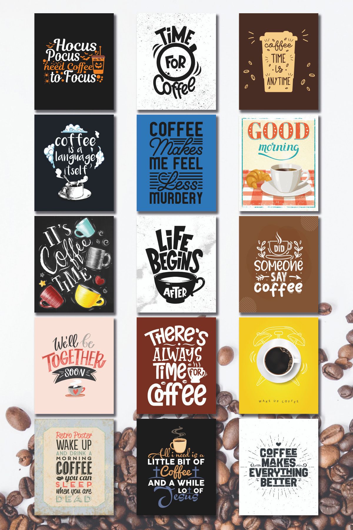 NeoPrint Kahve Temalı 15'li Kart Seti - Pano Duvar Aksesuarı Dekoratif Motivasyon Coffee Fotokart Poster
