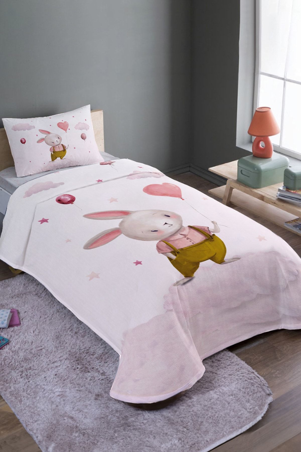 Evpanya Balonlu Tavşan Desenli Tek Kişilik Pike Takımı Ve Yatak Örtüsü