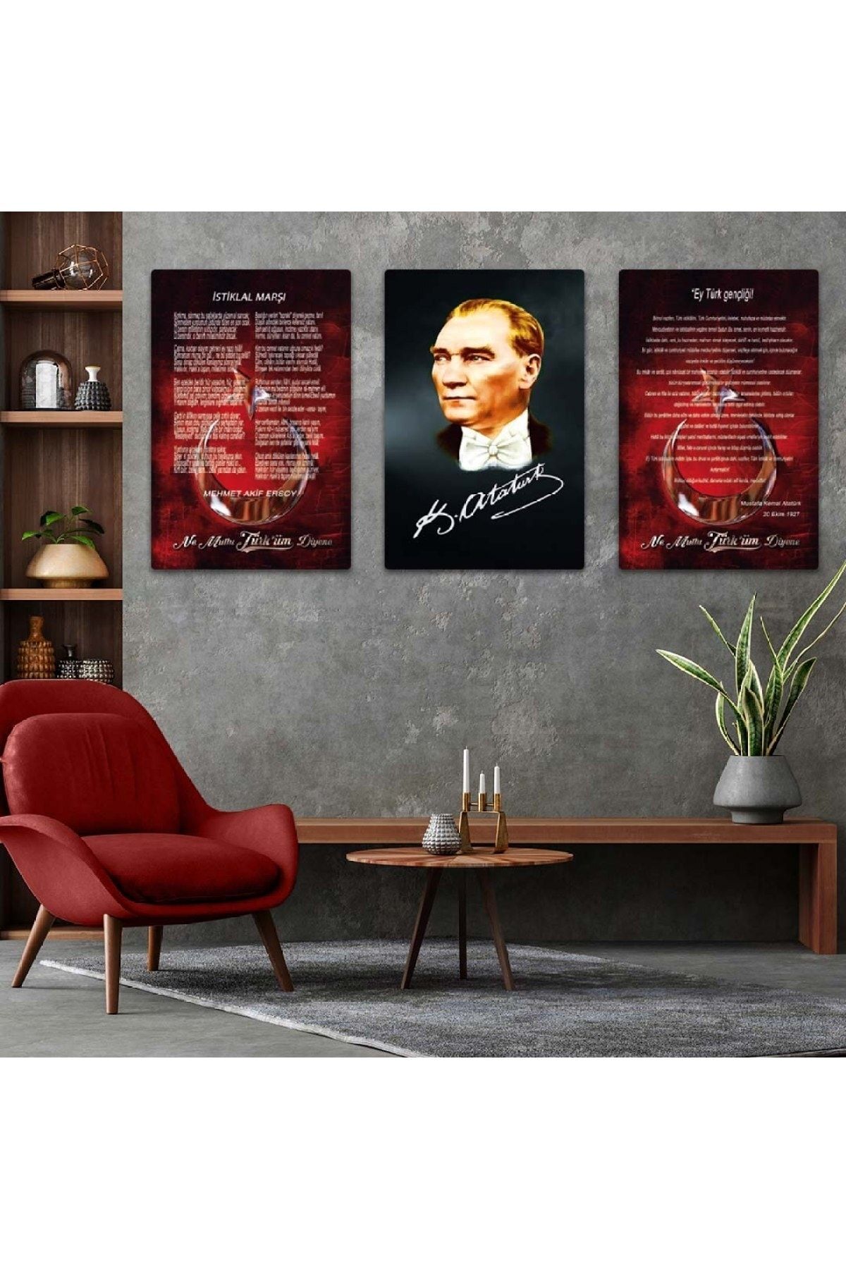 Zevahir Mobilya Dekorasyon Atatürk Istiklal Marşı Ve Gençliğe Hitabe 3'lü Mdf Tablo Set