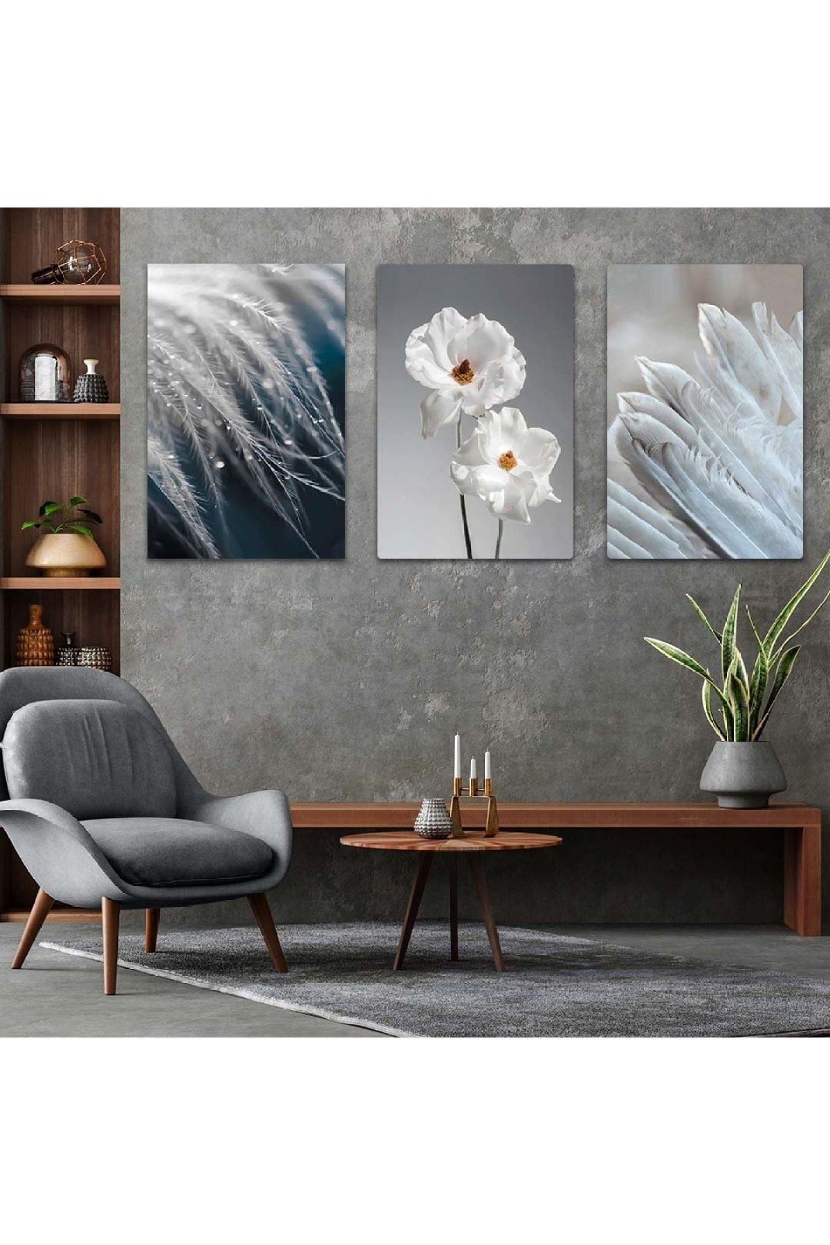Zevahir Mobilya Dekorasyon Beyaz Çiçek 3'lü Mdf Tablo Set