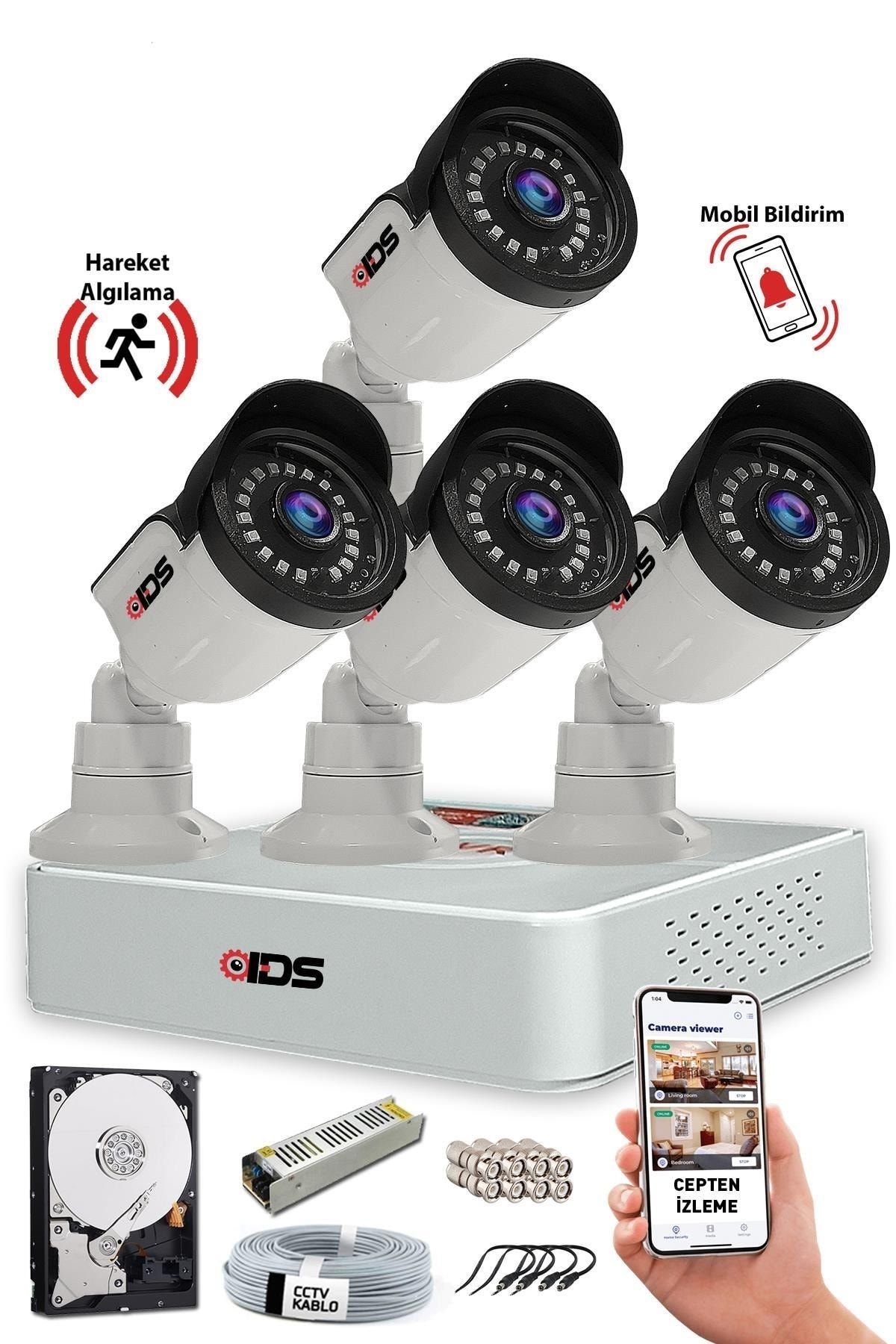 IDS 5mp Sony Lensli 4 Kameralı Fullhd Güvenlik Kamerası Sistemi - Gece Görüşlü - Cepten Izlemeli - A2044