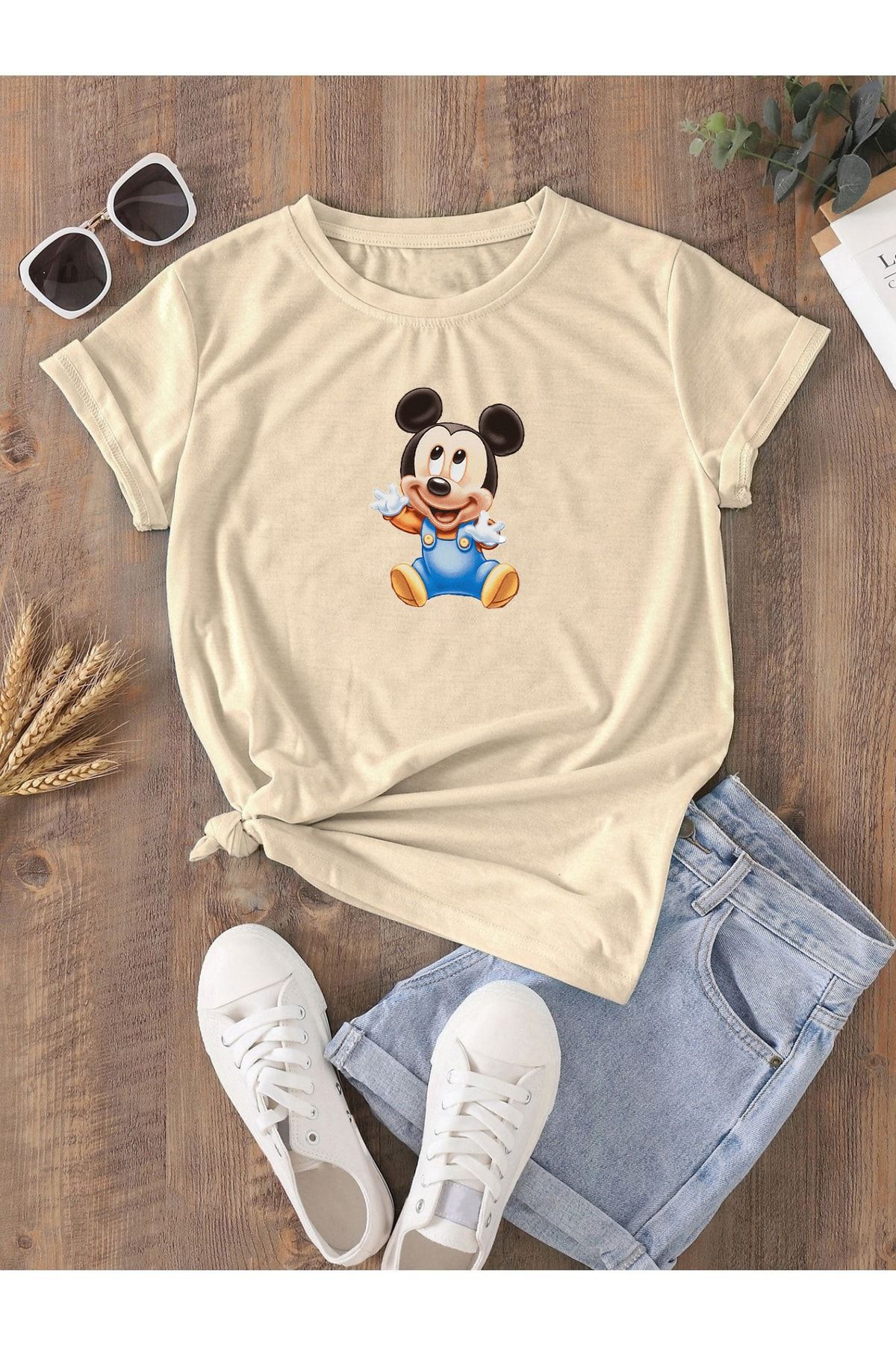 DUBU BUTİK Hamile Gebe T-shirt Bebek Mickey Mouse Baskılı - Vizon Bisiklet Yaka Oversize Tişört