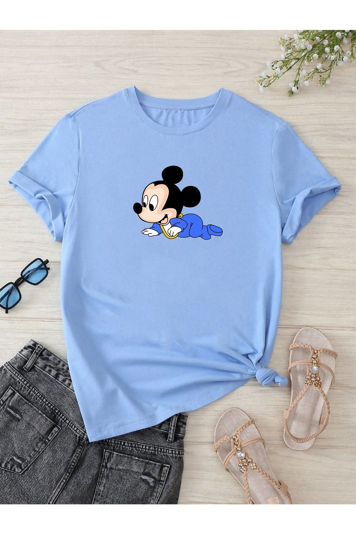 DUBU BUTİK Hamile Gebe T-shirt Emekleyen Mickey Mouse Baskılı - Bebe Mavisi Bisiklet Yaka Oversize Tişört
