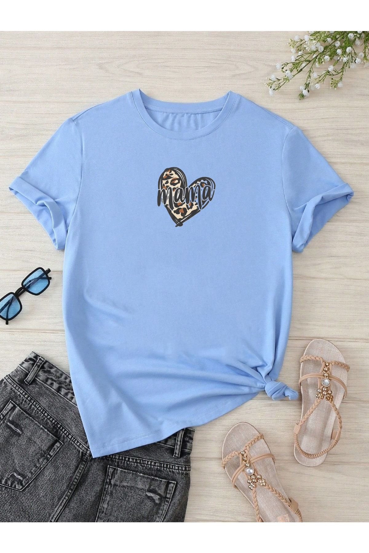 DUBU BUTİK Hamile Gebe T-shirt Mama Kalp Baskılı - Bebe Mavisi Bisiklet Yaka Oversize Tişört