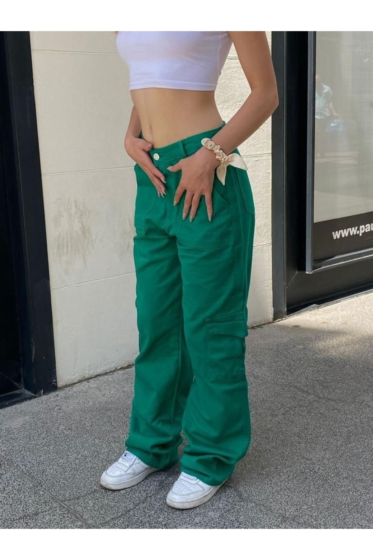 Gofeel Y2k Yeşil Kargo Bel Lastikli Bol Paça Yazlık Jean Unisex Pantolon