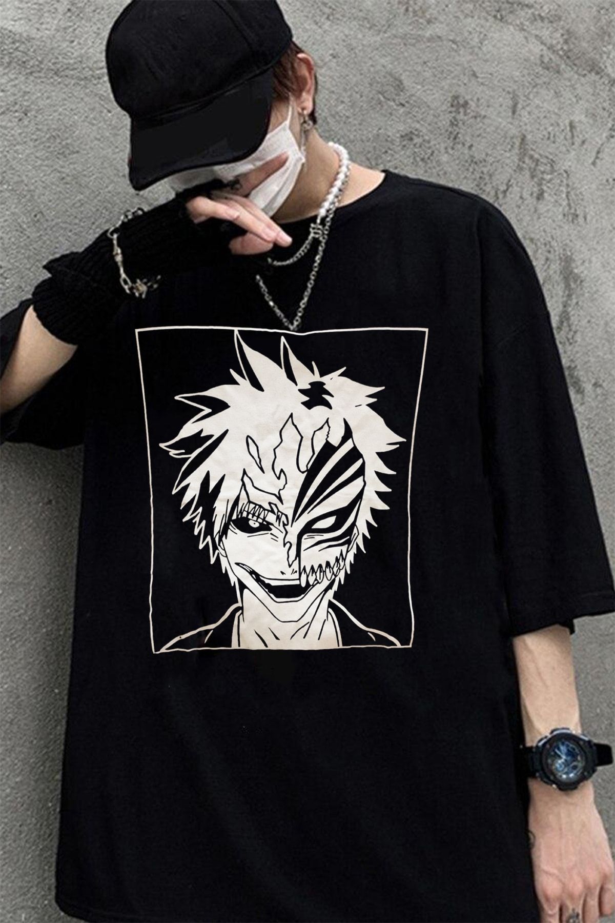 Freak Tshirt Siyah Renk Bleach Baskılı Unisex Geniş Kesim Anime T-shirt