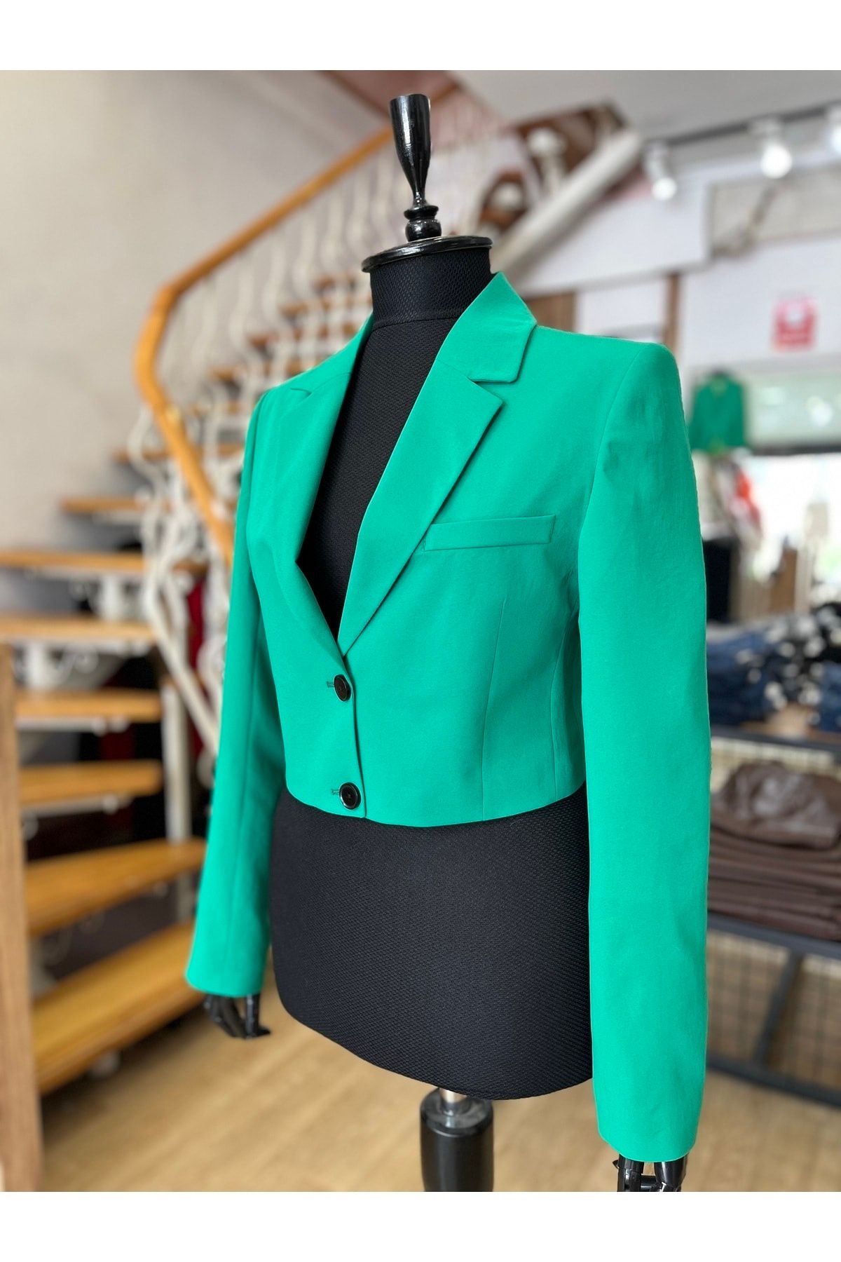 TREND Yeşil Crop Astarlı Blazer Ceket
