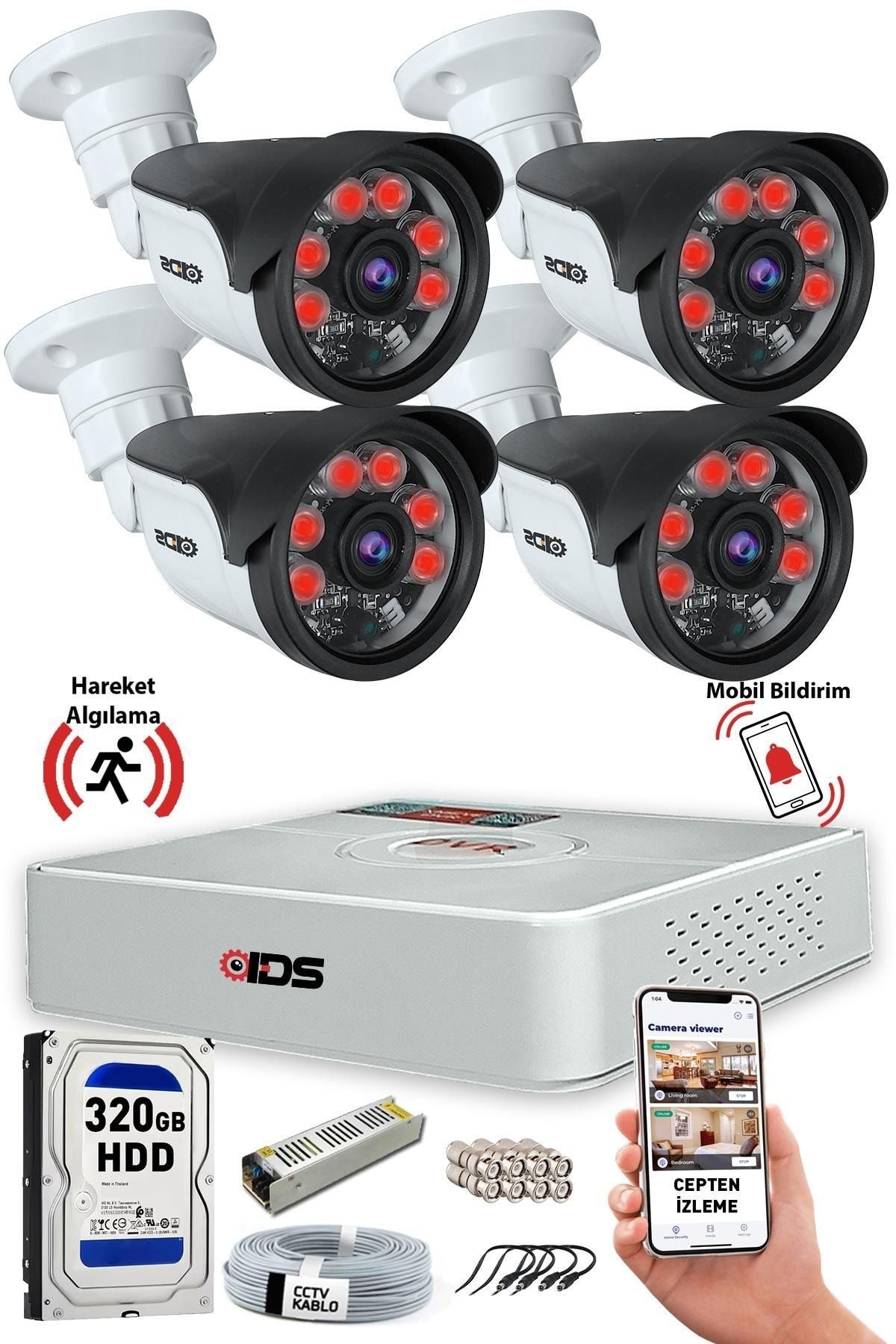 IDS 4 Kameralı 5mp Sony Lensli Fullhd Gece Görüşlü Güvenlik Kamerası Sistemi - A1521