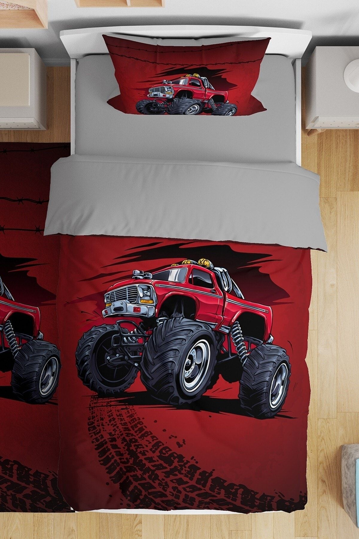 Evpanya Kırmızı Monster Truck Desenli Tek Kişilik Bebek Çocuk Nevresim Seti