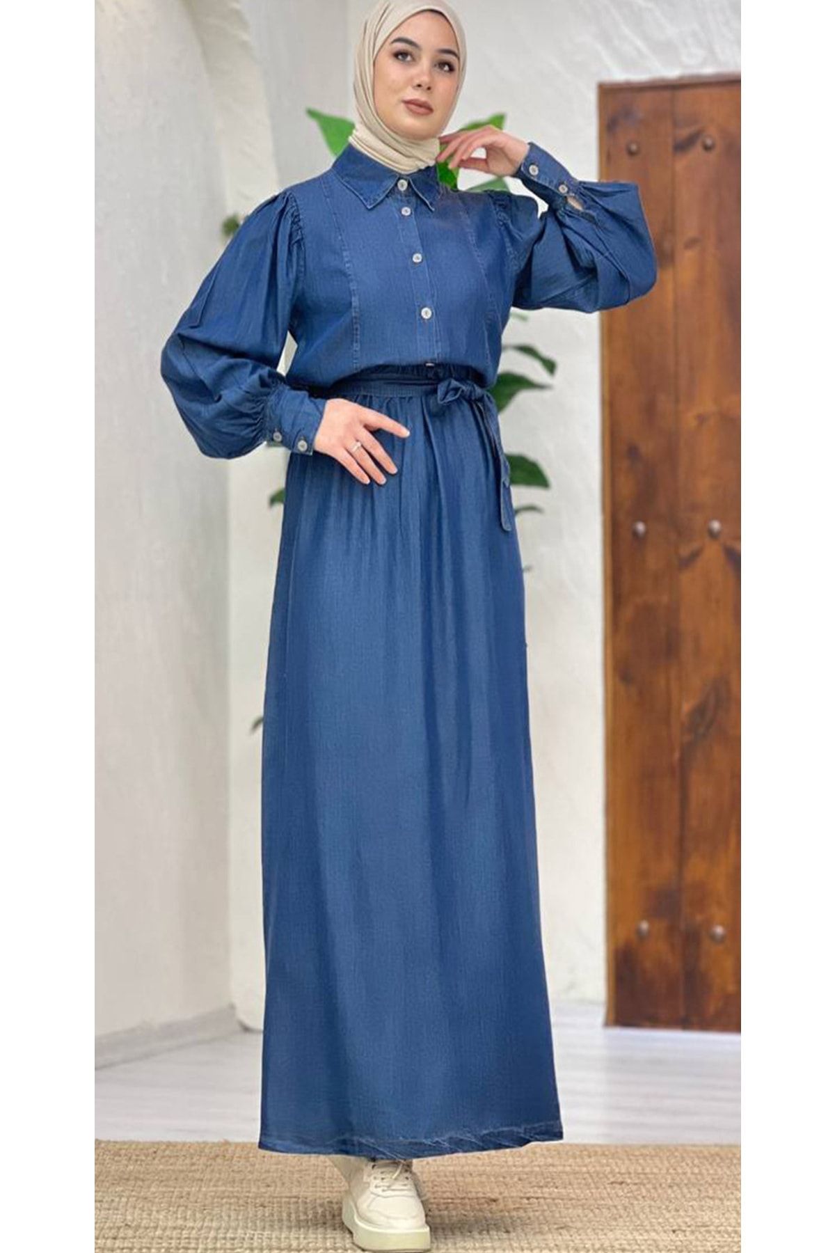 XVOGO Uzun Şık Mavi Kot Modest Gömlek Yaka Doğal Kuşaklı Düğmeli Uzun Kollu Jean Elbise Büyük Beden Tesett