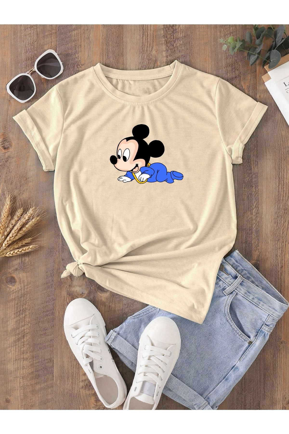 DUBU BUTİK Hamile Gebe T-shirt Emekleyen Mickey Mouse Baskılı - Vizon Bisiklet Yaka Oversize Tişört