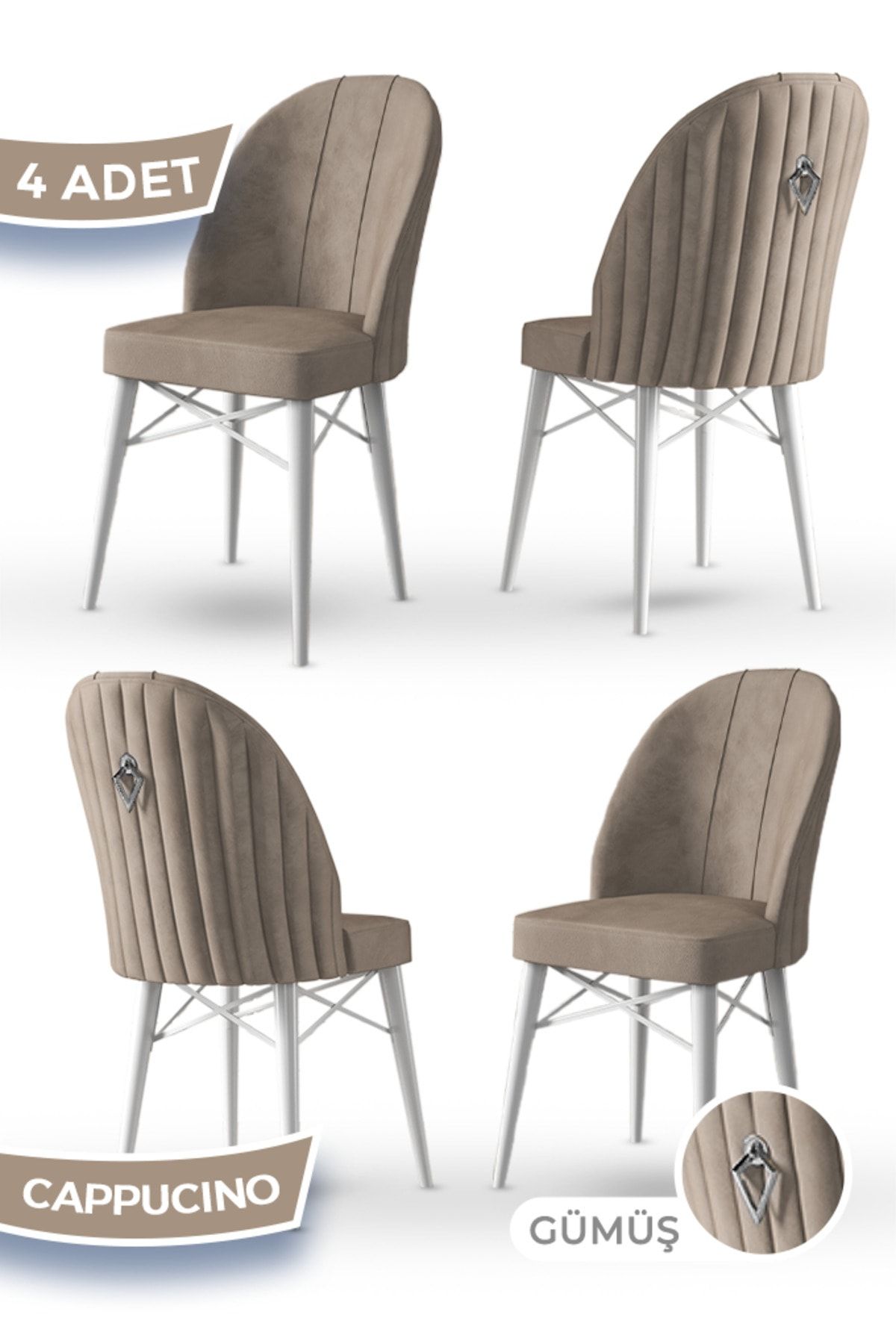 Canisa Ritim Serisi 4 Adet Cappucino Sandalye 1.sınıf Babyface Ithal Kumaş Beyaz Gürgen Ayak Gümüş Halkalı